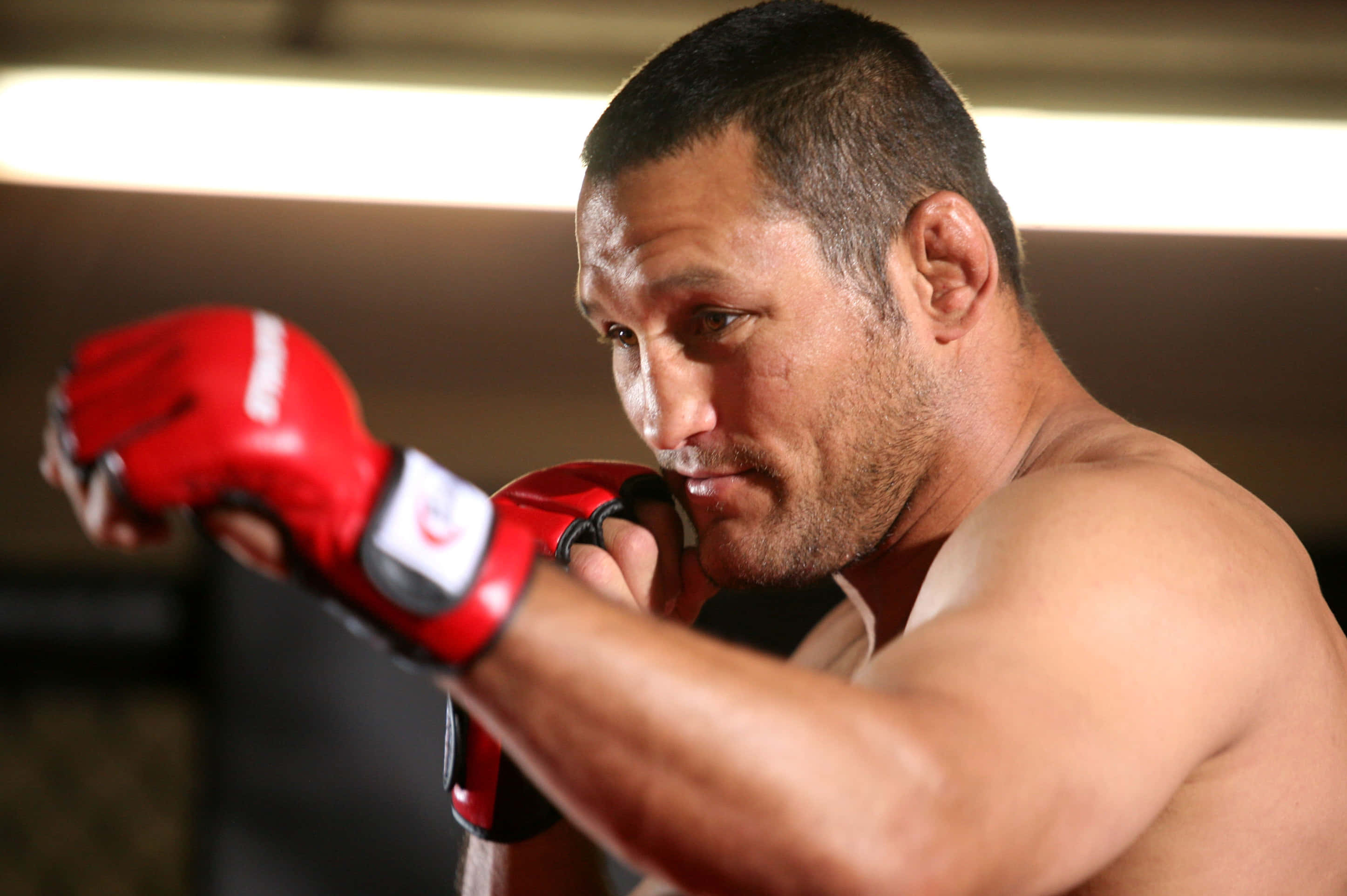 Boxing 桌布 壁紙 — 一位肌肉發達的拳擊手戴著紅色手套，在昏暗的健身房中專注地進行高強度訓練。