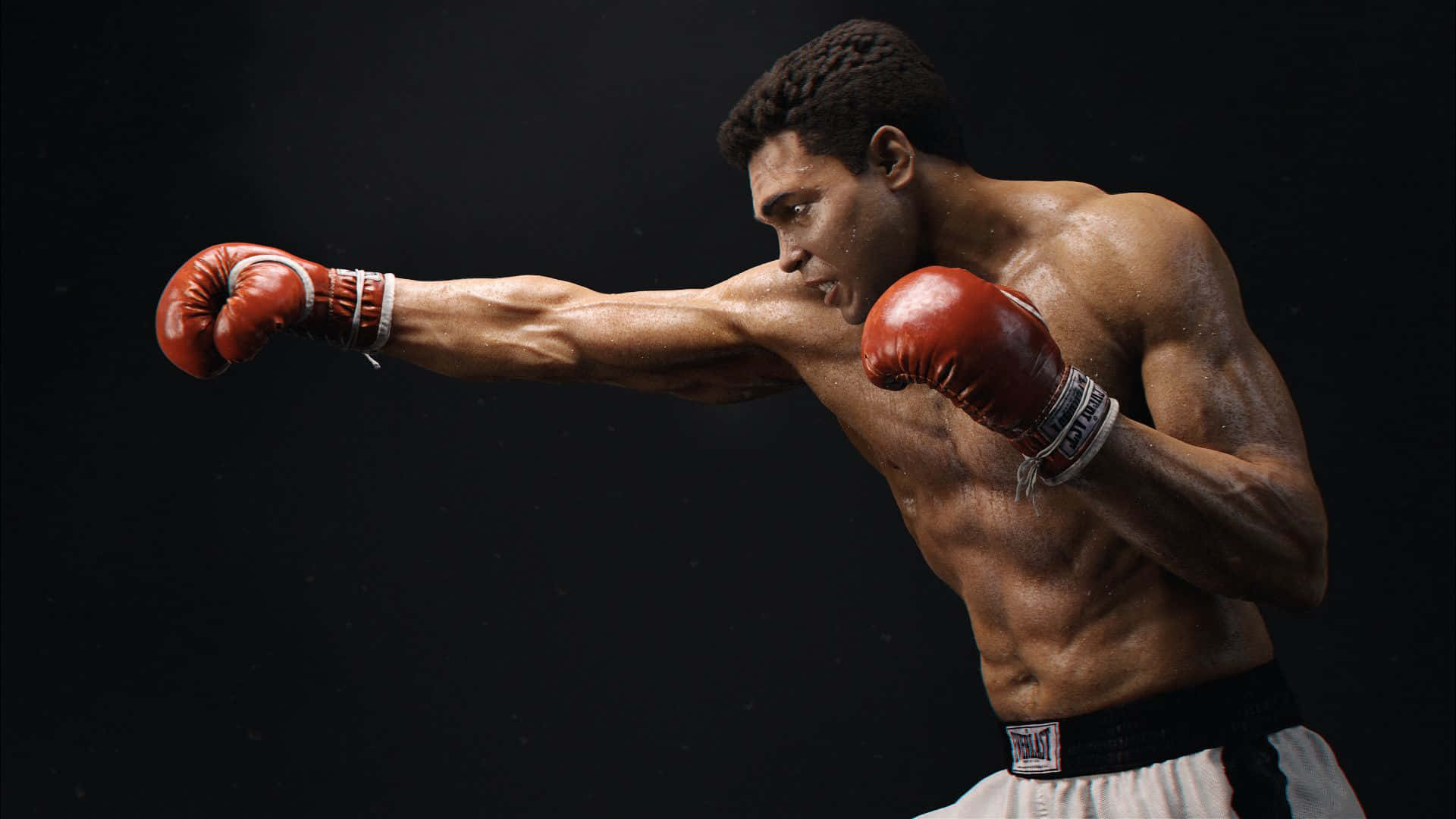 Boxing 桌布 壁紙 — 一位肌肉發達的拳擊手戴著紅色手套，在黑暗背景下打出強力一拳，汗珠清晰可見。