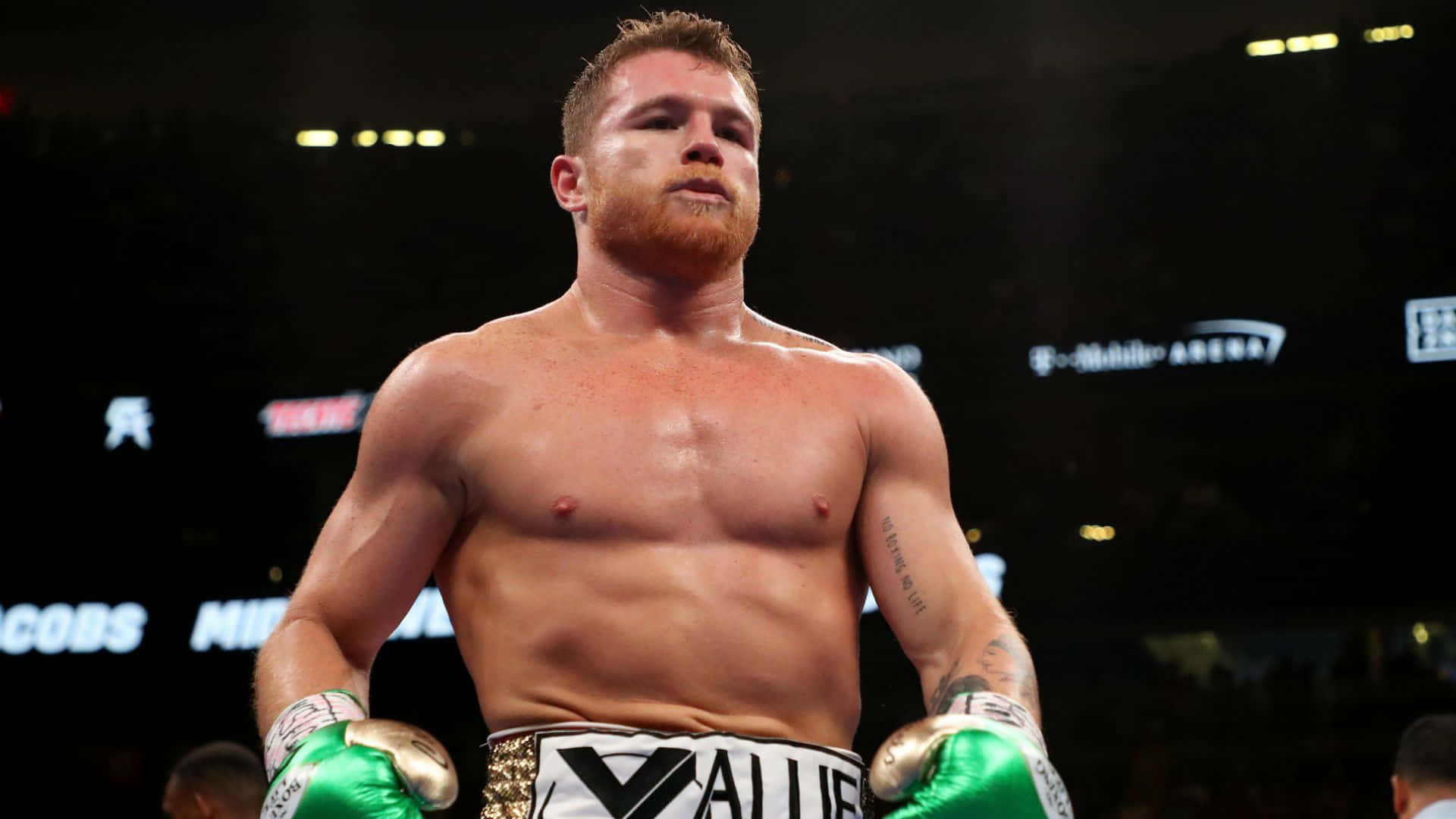 Canelo Alvarez 桌布 壁紙 — 一位肌肉發達的拳擊手戴著綠色手套，在明亮的場館燈光下，帶著專注的表情自信地站在擂台上。