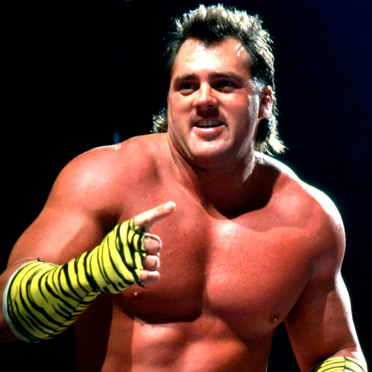 WWE 桌布 壁紙 — 一位肌肉發達的摔角手，戴著虎紋護腕，在明亮的舞台燈光下自信地指向黑暗的背景。