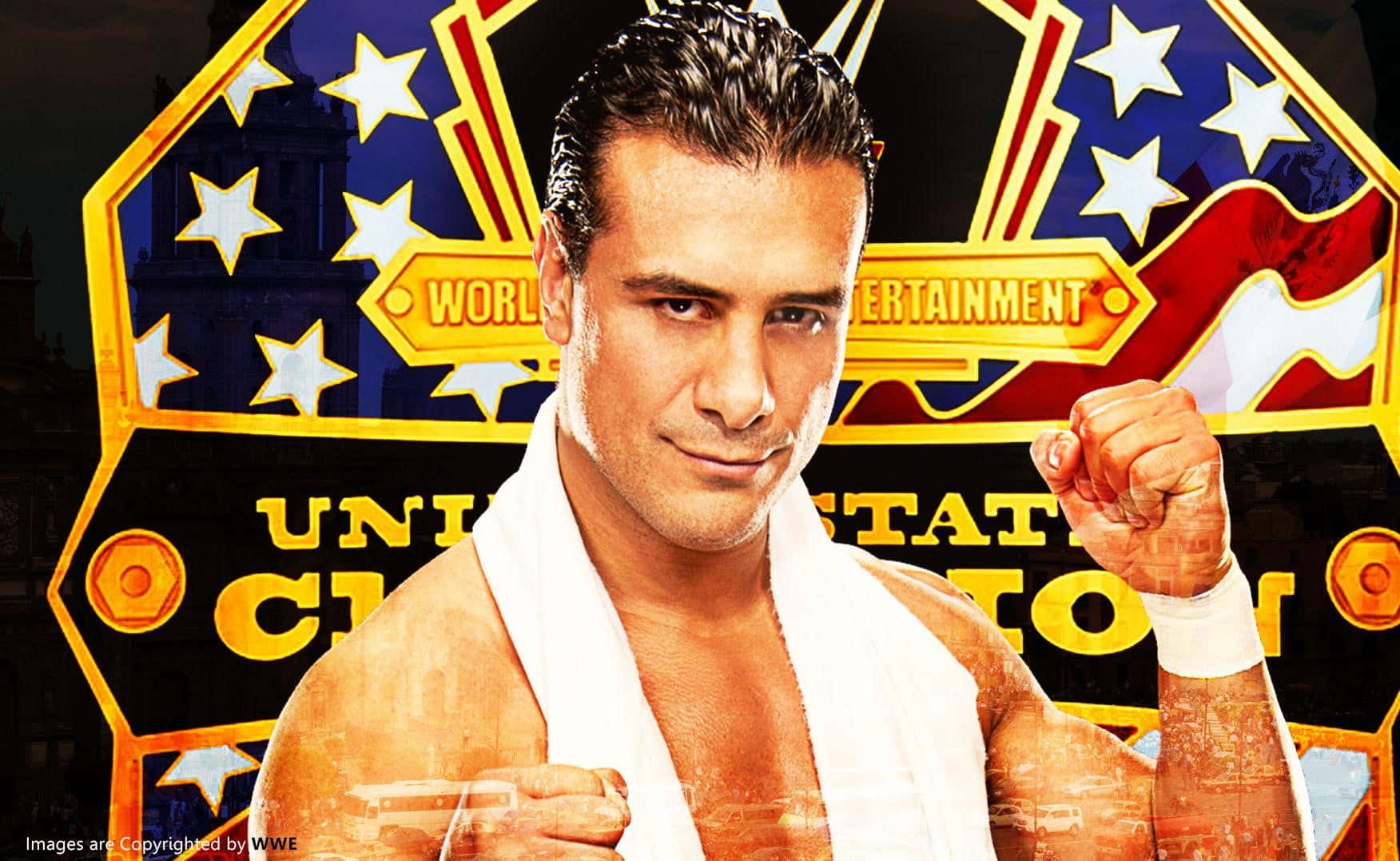 WWE 桌布 壁紙 — 一位肌肉發達的摔角手，肩上披著毛巾，在愛國主義的WWE冠軍背景前自信地擺姿勢。