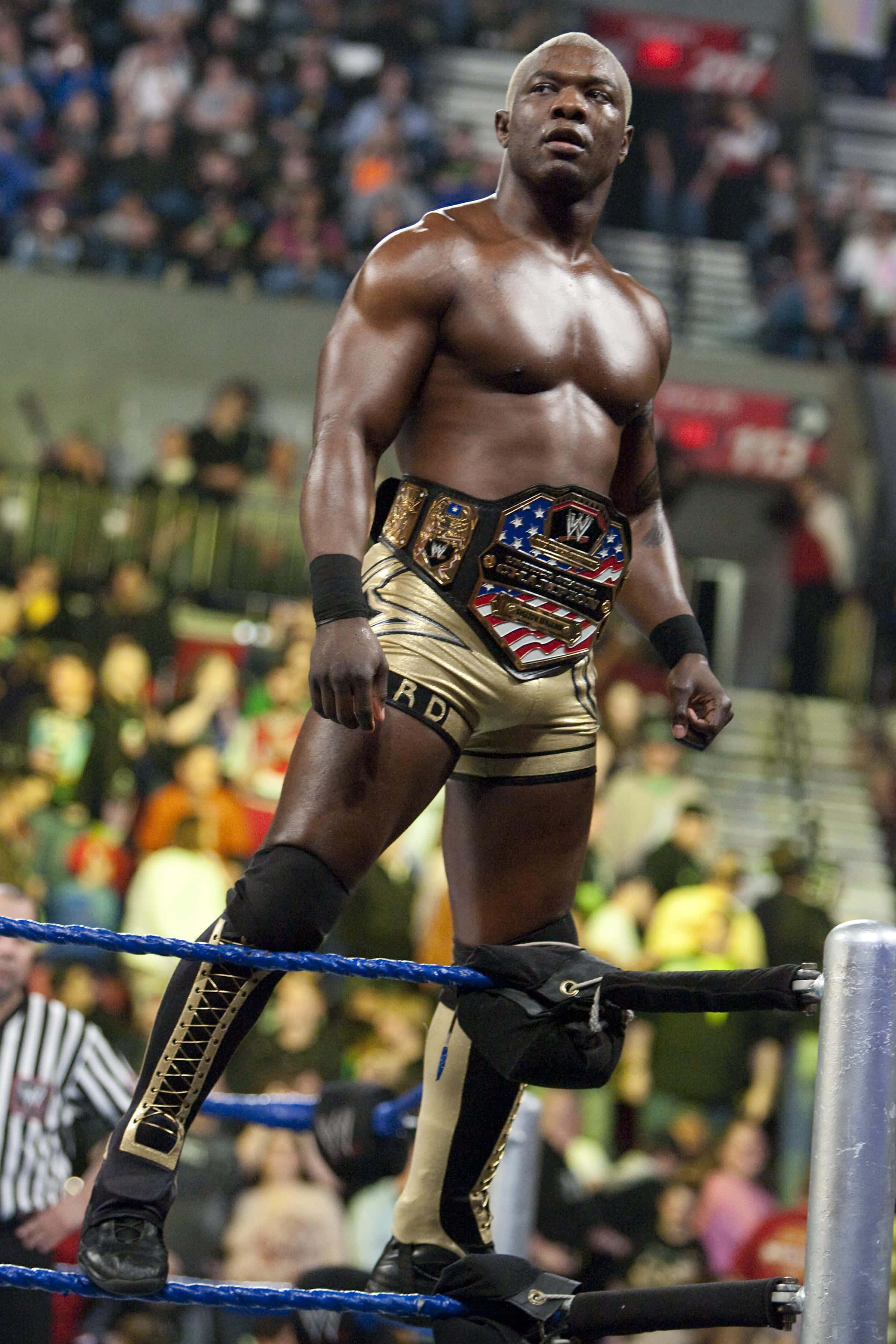 WWE 桌布 壁紙 — 一位肌肉發達的摔角手，身穿金色短褲和冠軍腰帶，在擂台上高高站立，背景是人群。
