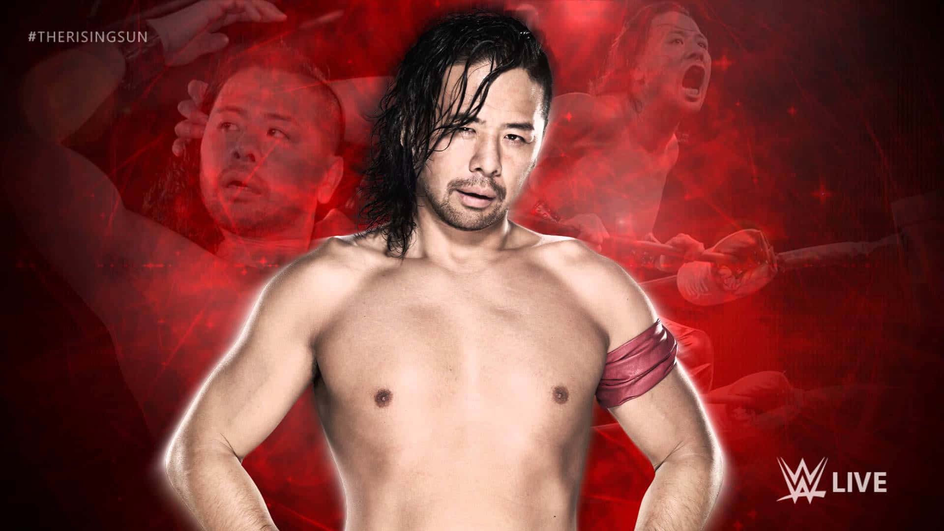 WWE Desktop 桌布 壁紙 — 一位肌肉發達的摔角手，長長的黑髮和紅色臂帶，站在火紅背景和模糊動作場景的中央。