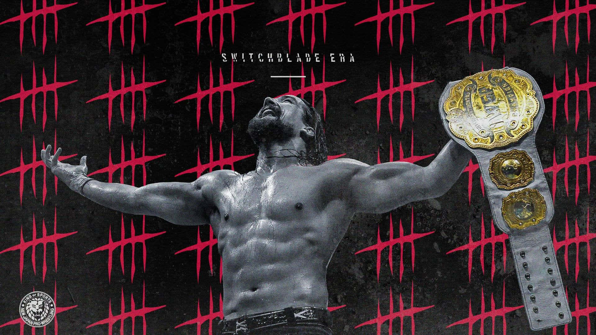 HD Sports 桌布 壁紙 — 一位肌肉發達的摔角手在帶有紅色刮痕的黑色背景上，勝利地高舉冠軍腰帶。