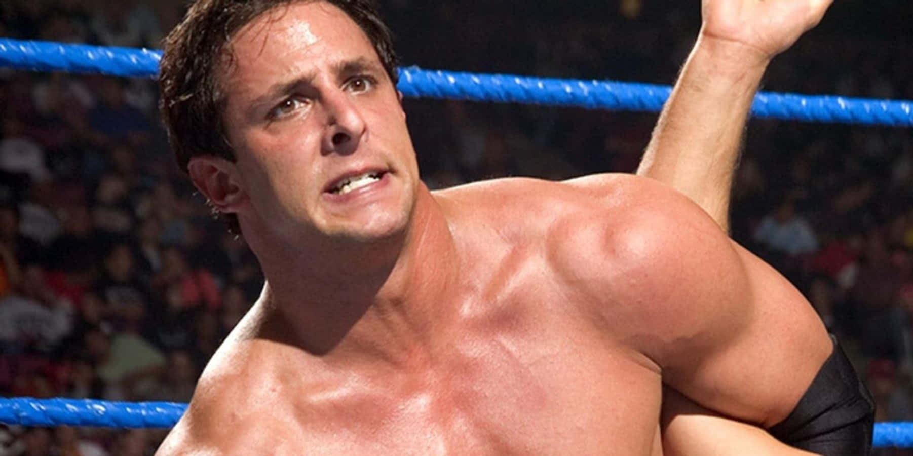 Billy Kidman 桌布 壁紙 — 一位肌肉發達的摔角手在擂台上，在明亮的場館燈光下勝利地舉起手臂，身後是歡呼的人群。
