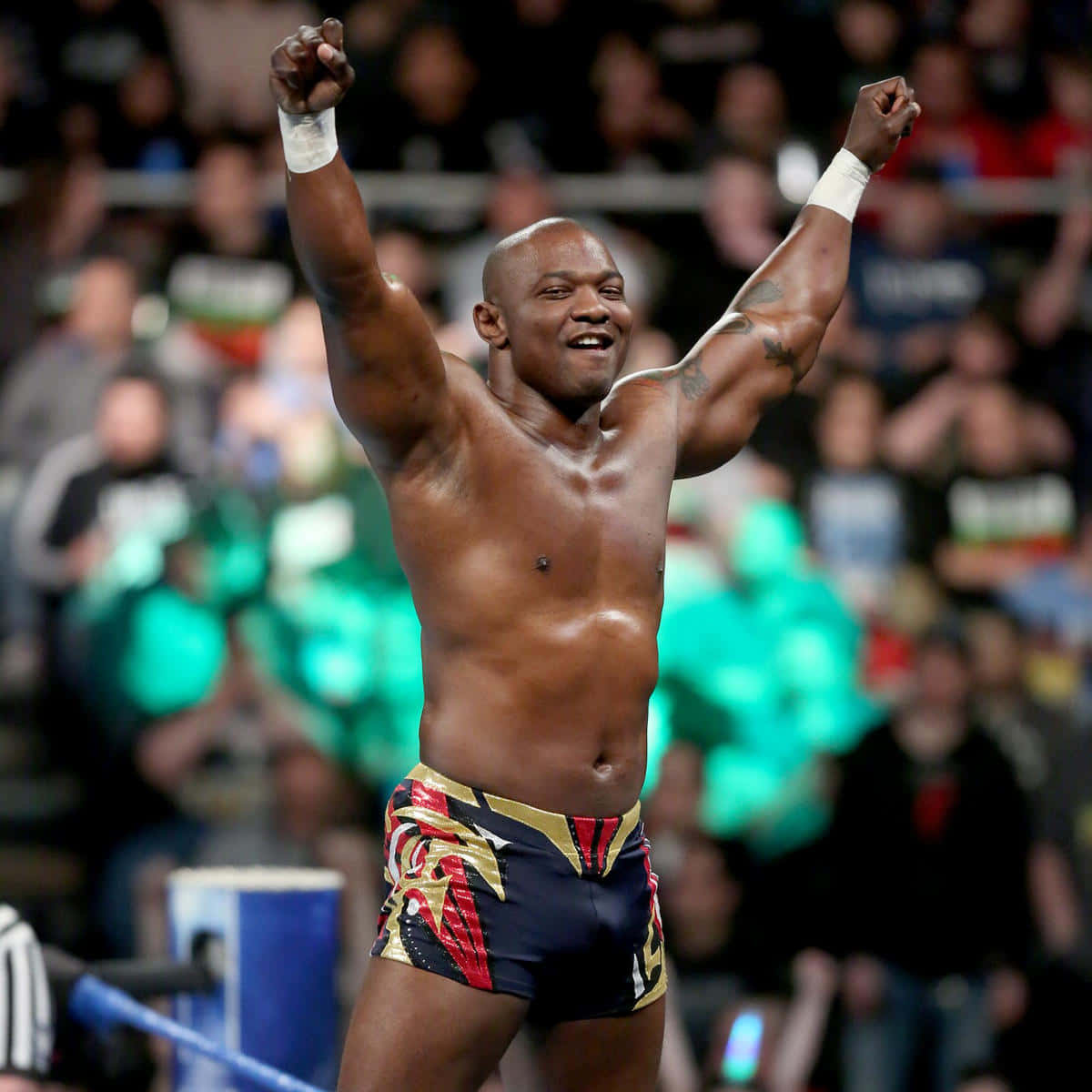 WWE 桌布 壁紙 — 一位肌肉發達的摔角手在擂台上高舉雙臂慶祝勝利，在場館燈光下閃耀。