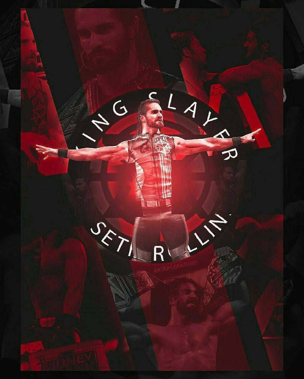 seth rollins 桌布 壁紙 — 一位肌肉發達的摔角手在紅光籠罩的擂台上擺出勝利姿勢，周圍環繞著碎片化的動作鏡頭和粗體文字。