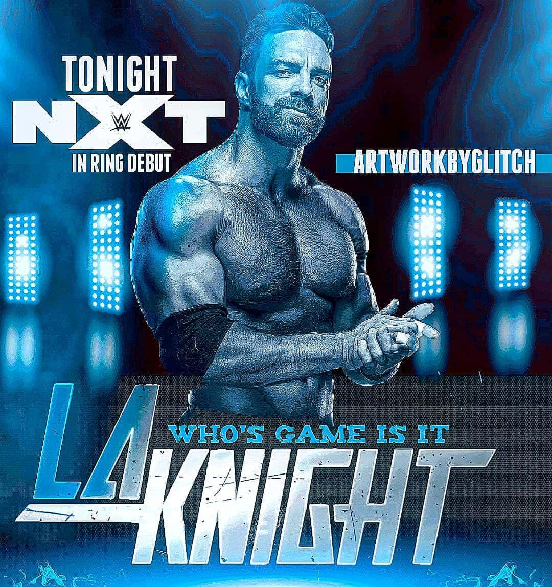 WWE 桌布 壁紙 — 一位肌肉發達的摔角手在藍色燈光的競技場中自信地擺姿勢，並附有文字宣佈他的NXT首秀。