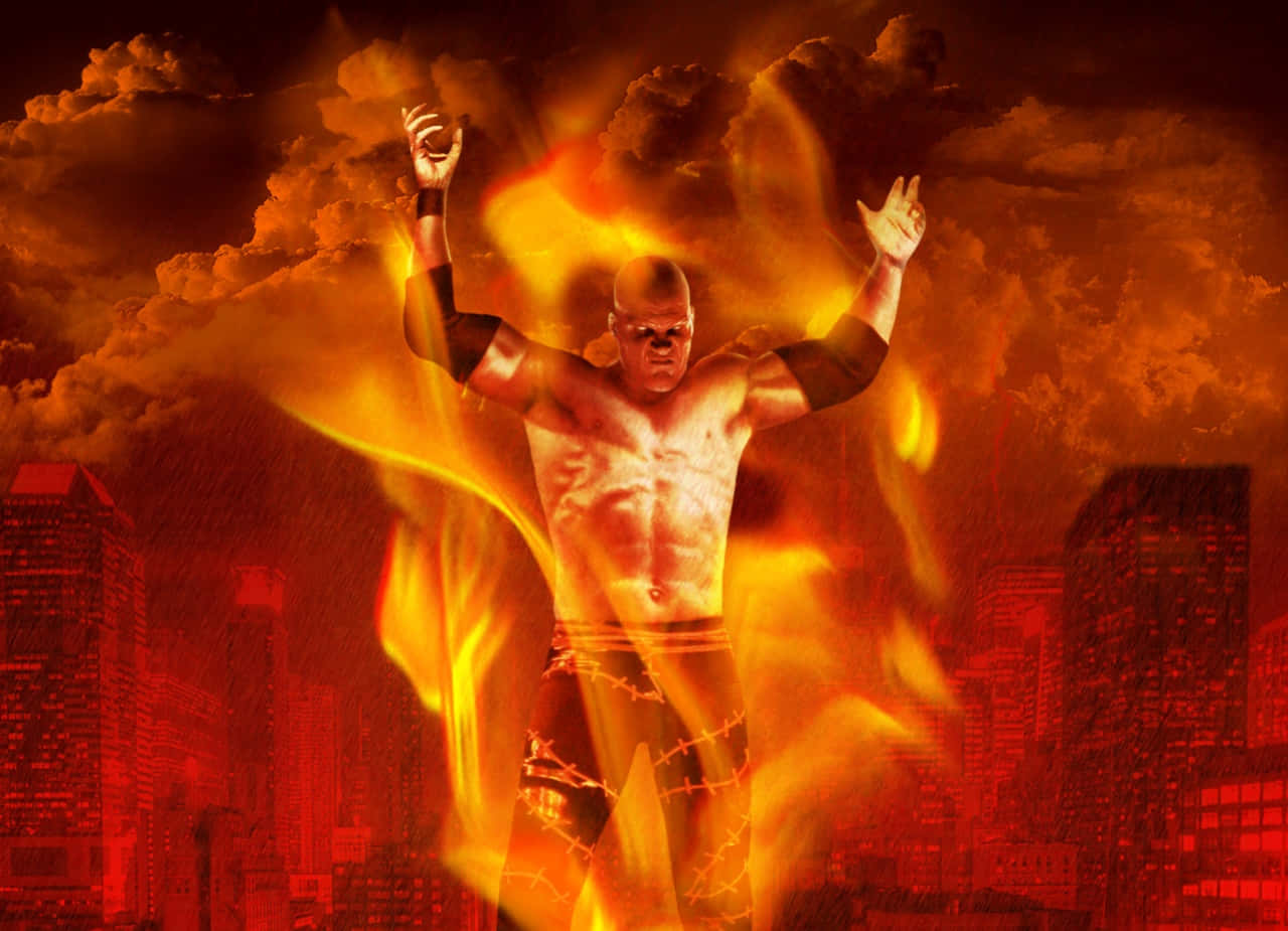 WWE 桌布 壁紙 — 一位肌肉發達的摔角手在黃昏時分，站在烈焰之中，背景是燃燒的城市天際線。