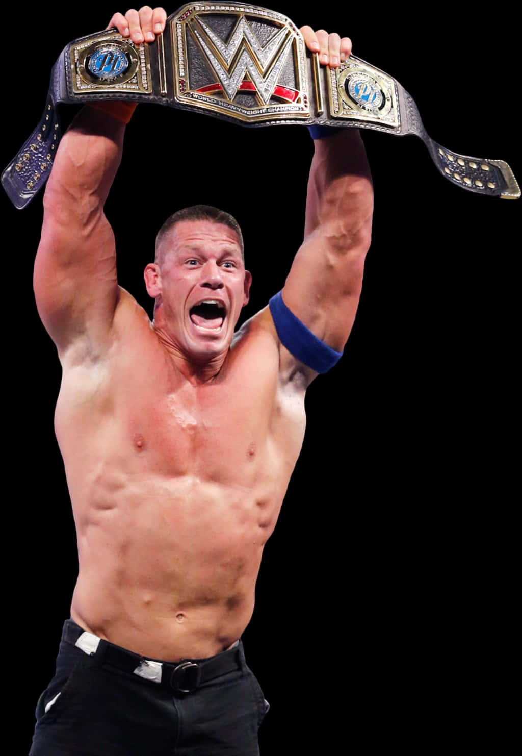 WWE 桌布 壁紙 — 一位肌肉發達的摔角手在黑色背景前，勝利地將WWE冠軍腰帶高舉過頭。