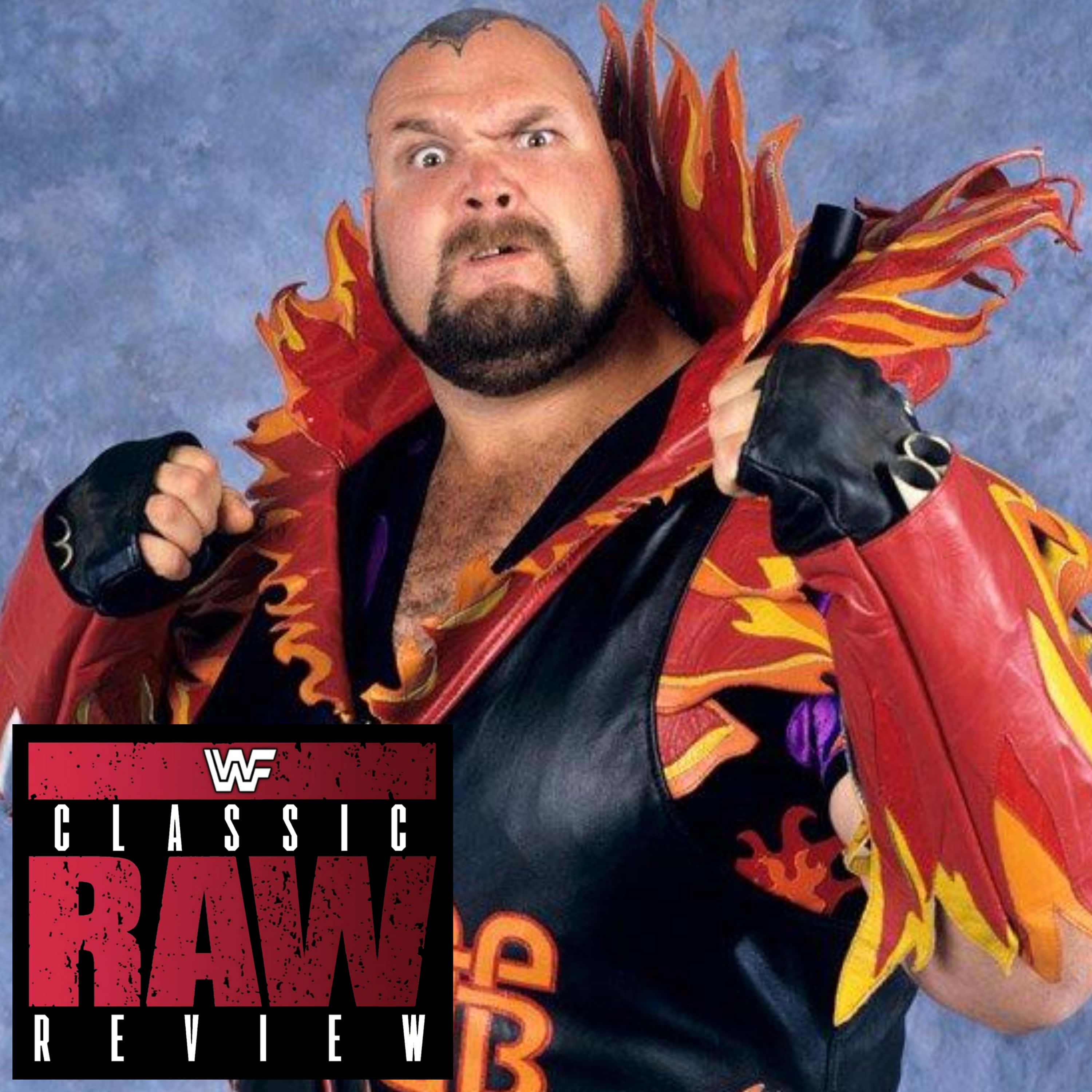 WWE 桌布 壁紙 — 一位肌肉發達的摔角手帶著兇猛表情，穿著火紅橙色的火焰圖案外套，背景是帶紋理的藍色。