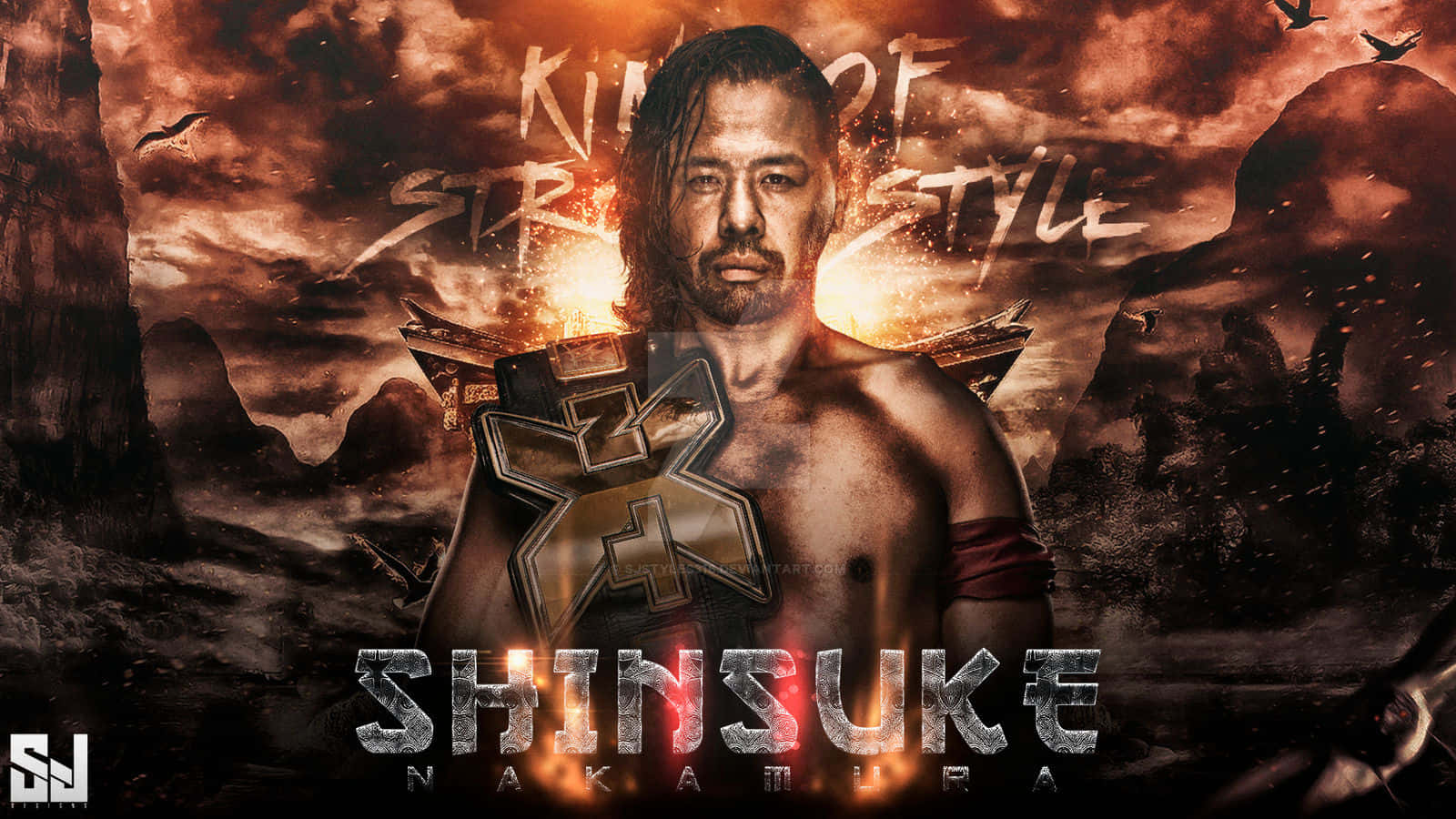 WWE 桌布 壁紙 — 一位肌肉發達的摔角手帶著冠軍腰帶，挑釁地站在火熱的末日天空下，鳥兒在頭頂飛翔。