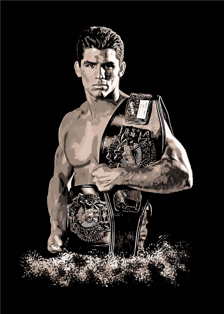 UFC 桌布 壁紙 — 一位肌肉發達的摔角手戴著冠軍腰帶，在黑色背景和戲劇性燈光下挑釁地站立。