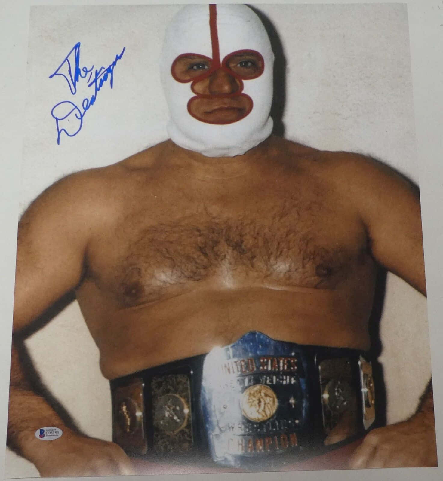 WWE 桌布 壁紙 — 一位肌肉發達的摔角手戴著帶有紅色點綴的白色面具，自信地站著，腰間繫著冠軍腰帶。