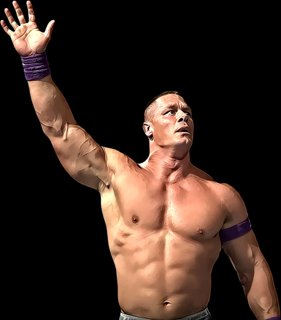 WWE 桌布 壁紙 — 一位肌肉發達的摔角手戴著紫色腕帶，在黑色背景前勝利地舉起手。