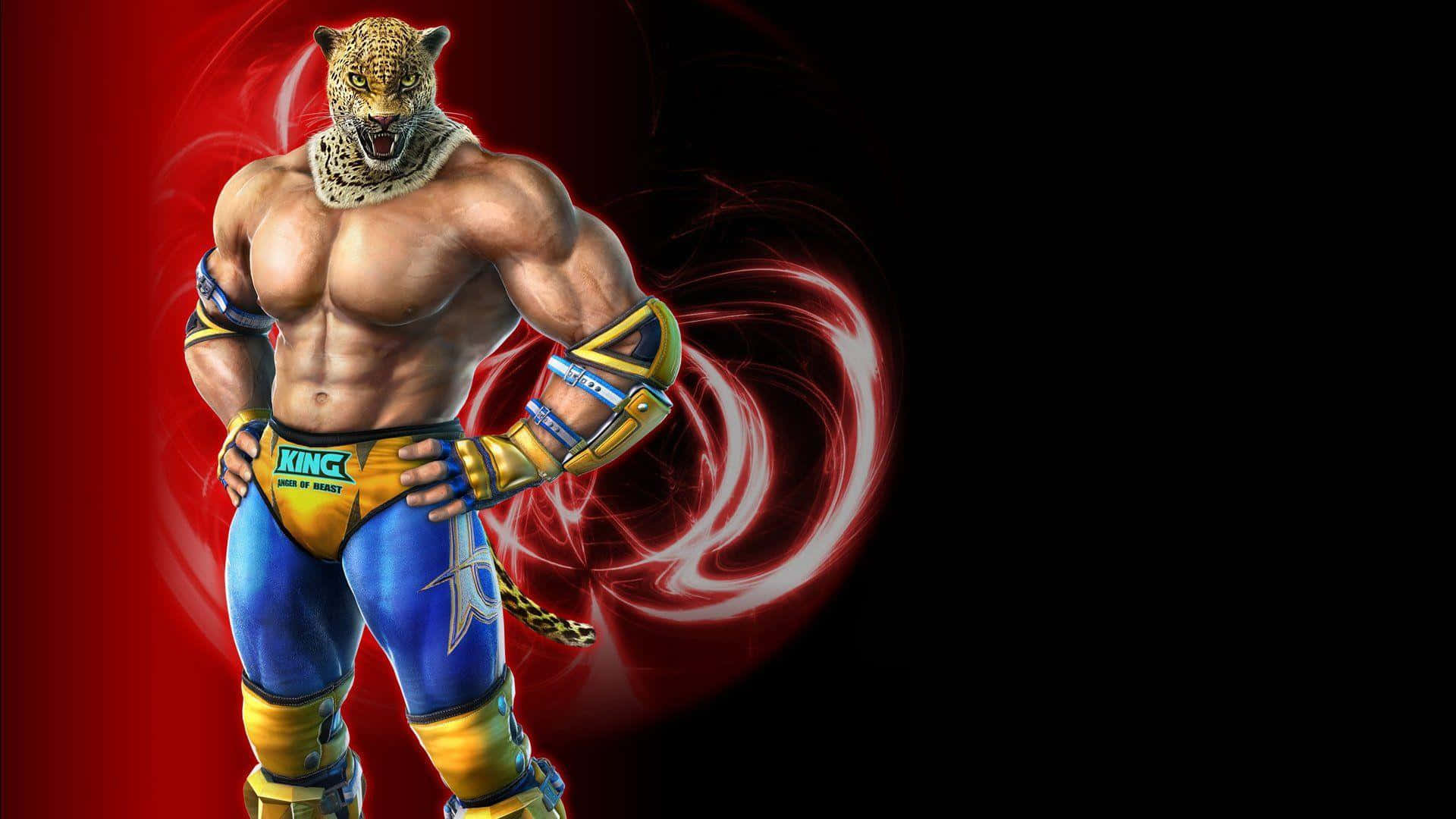 Tekken Characters 桌布 壁紙 — 一位肌肉發達的摔角手戴著豹頭面具，強而有力地站在旋轉的紅黑背景前。