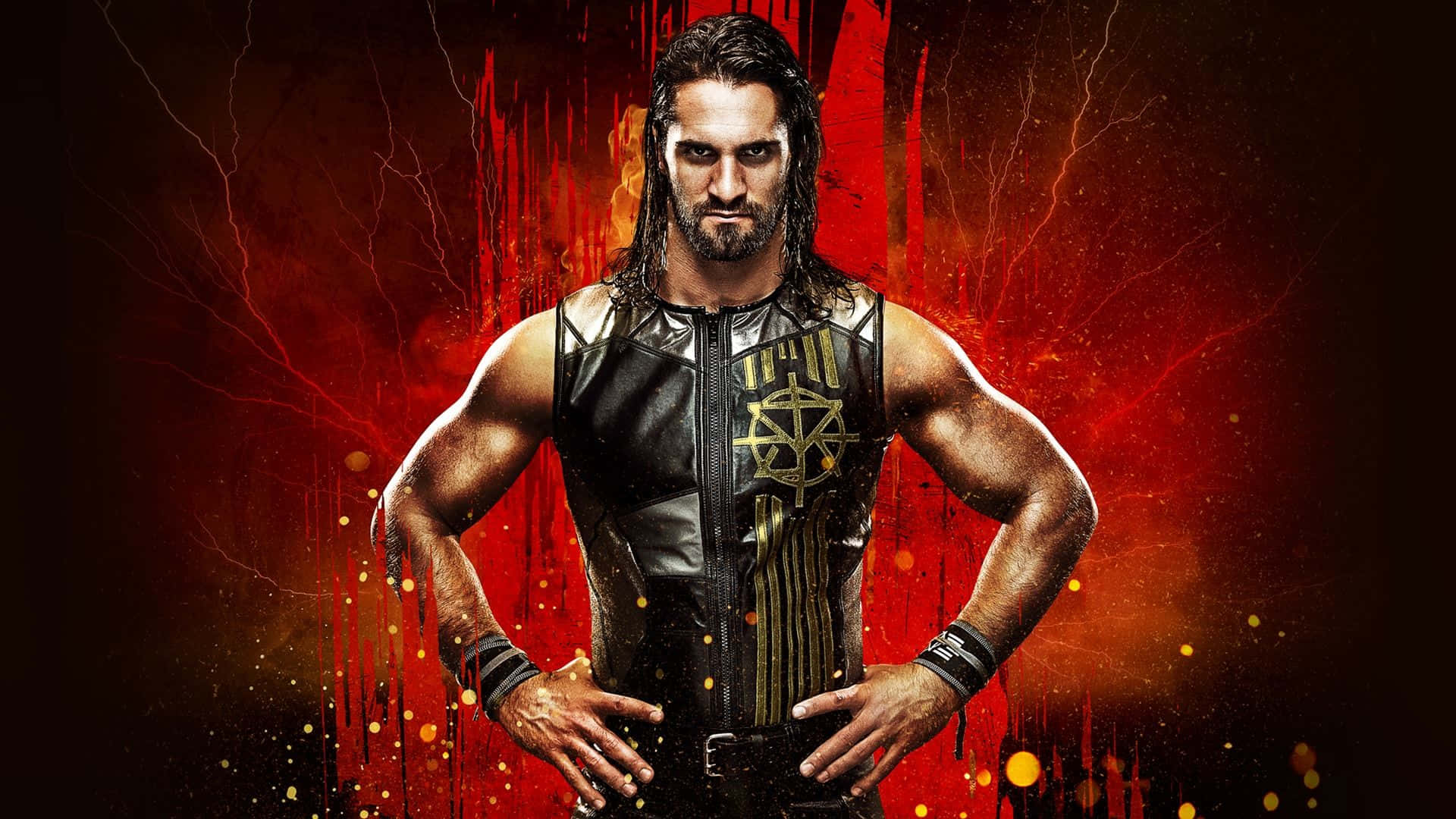 WWE 桌布 壁紙 — 一位肌肉發達的摔角手穿著帶有金色標誌的黑色皮背心，自信地站在帶有閃電和發光粒子的火紅背景前。