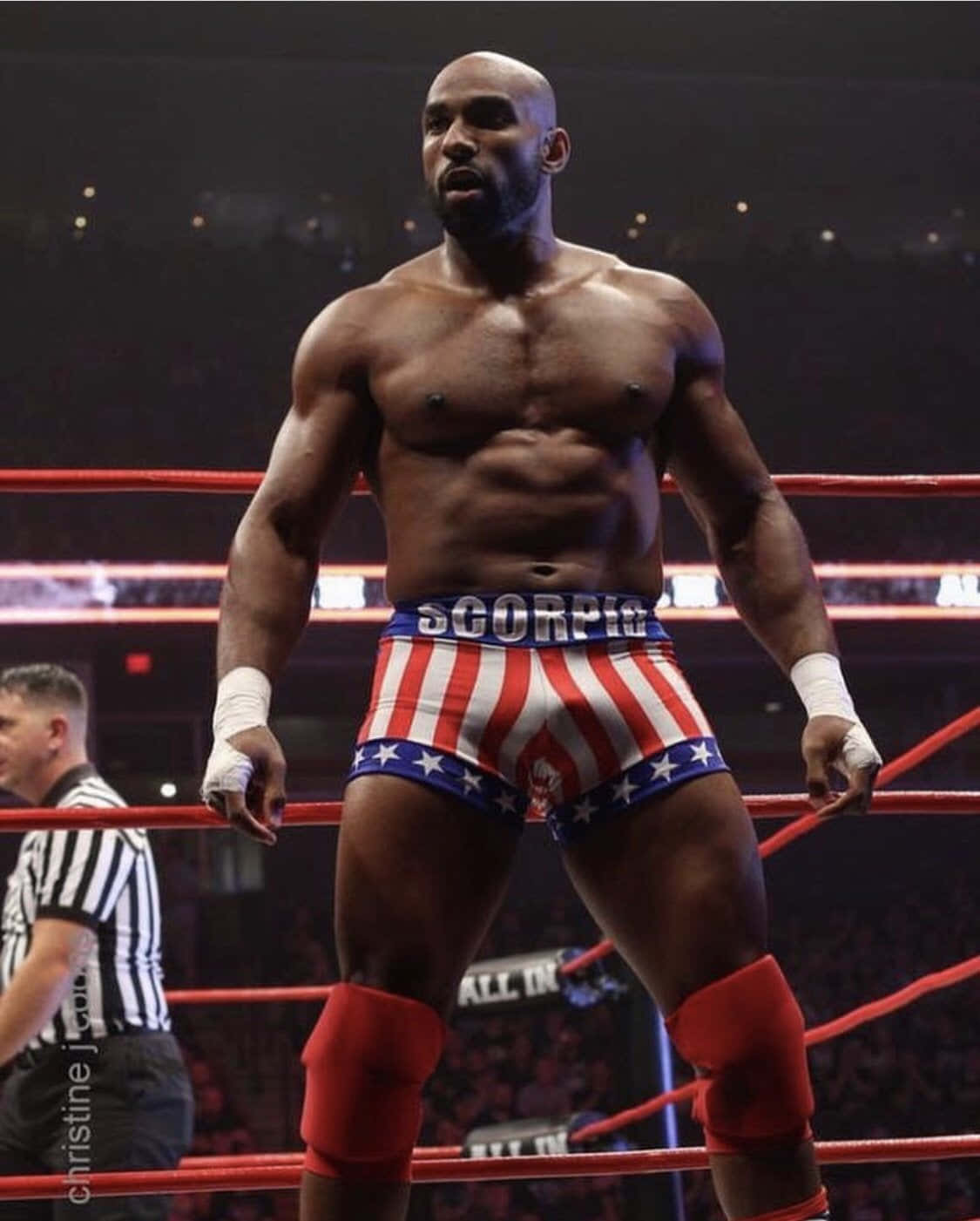 Wrestling 桌布 壁紙 — 一位肌肉發達的摔角手穿著愛國紅白藍三色短褲，自信地站在燈光充足的摔角場上，附近有裁判。