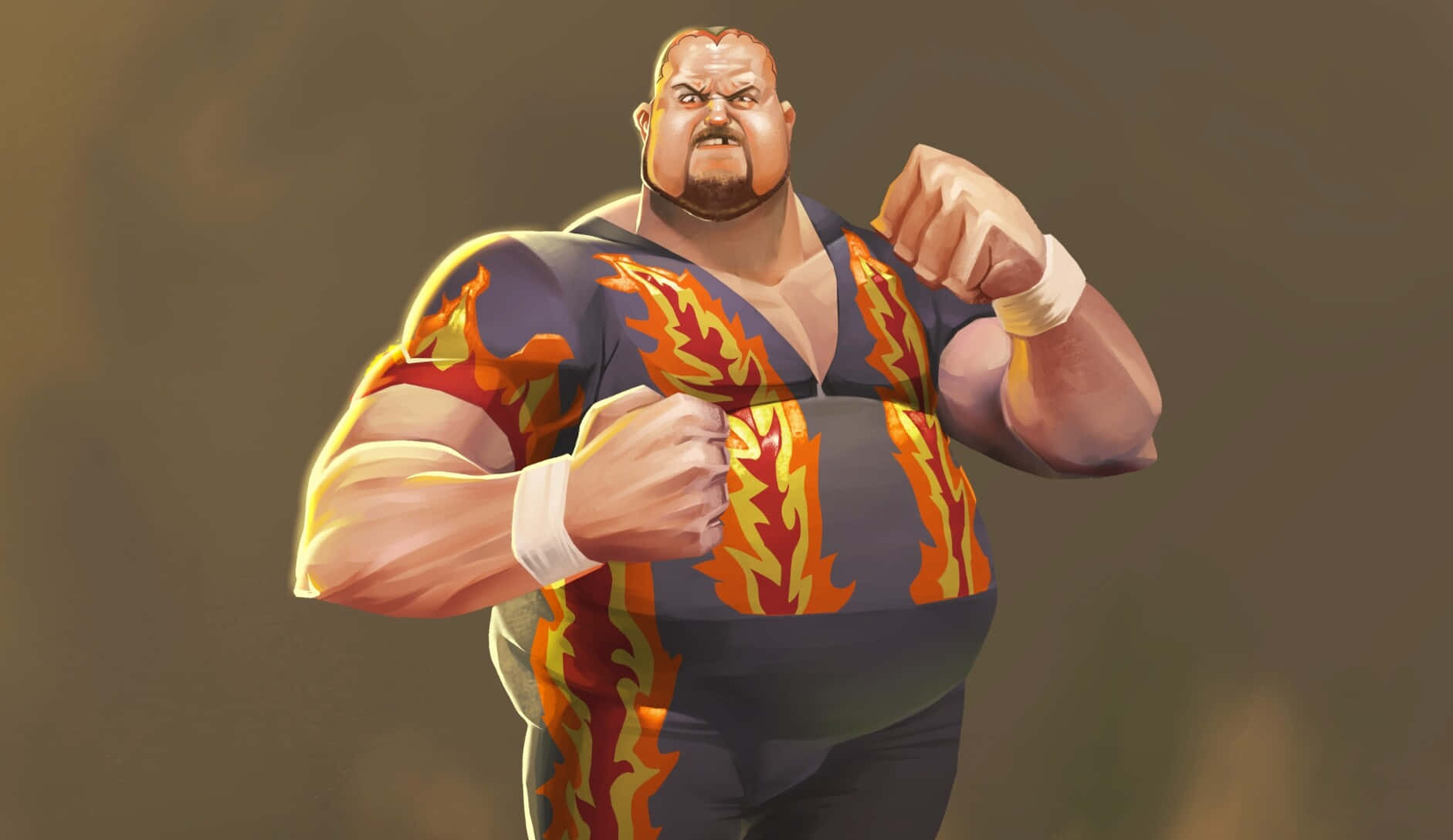 WWE 桌布 壁紙 — 一位肌肉發達的摔角手穿著火焰圖案的緊身衣，在柔和的棕色背景下強力地展示肌肉。