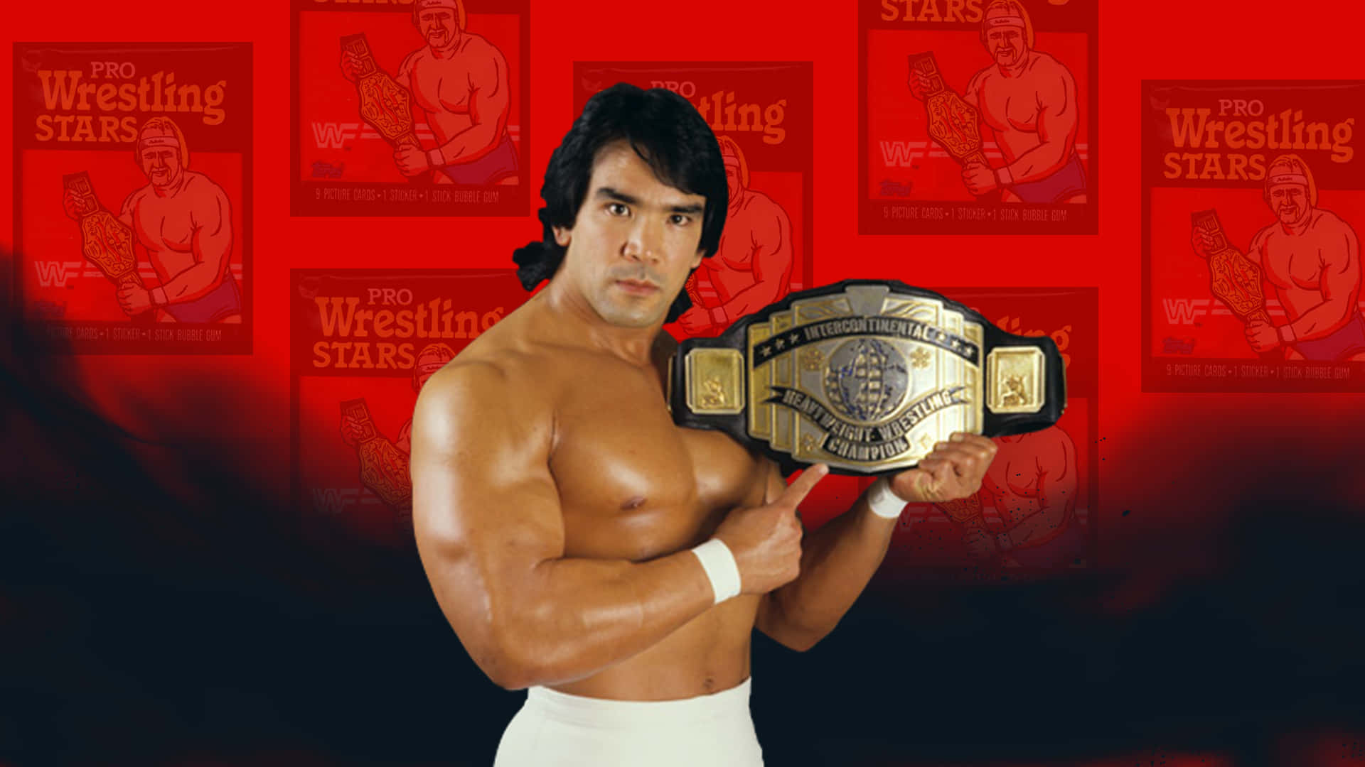 WWE 桌布 壁紙 — 一位肌肉發達的摔角手穿著白色三角褲，在重複的 'Pro Wrestling Stars' 海報紅色背景前，手持冠軍腰帶。