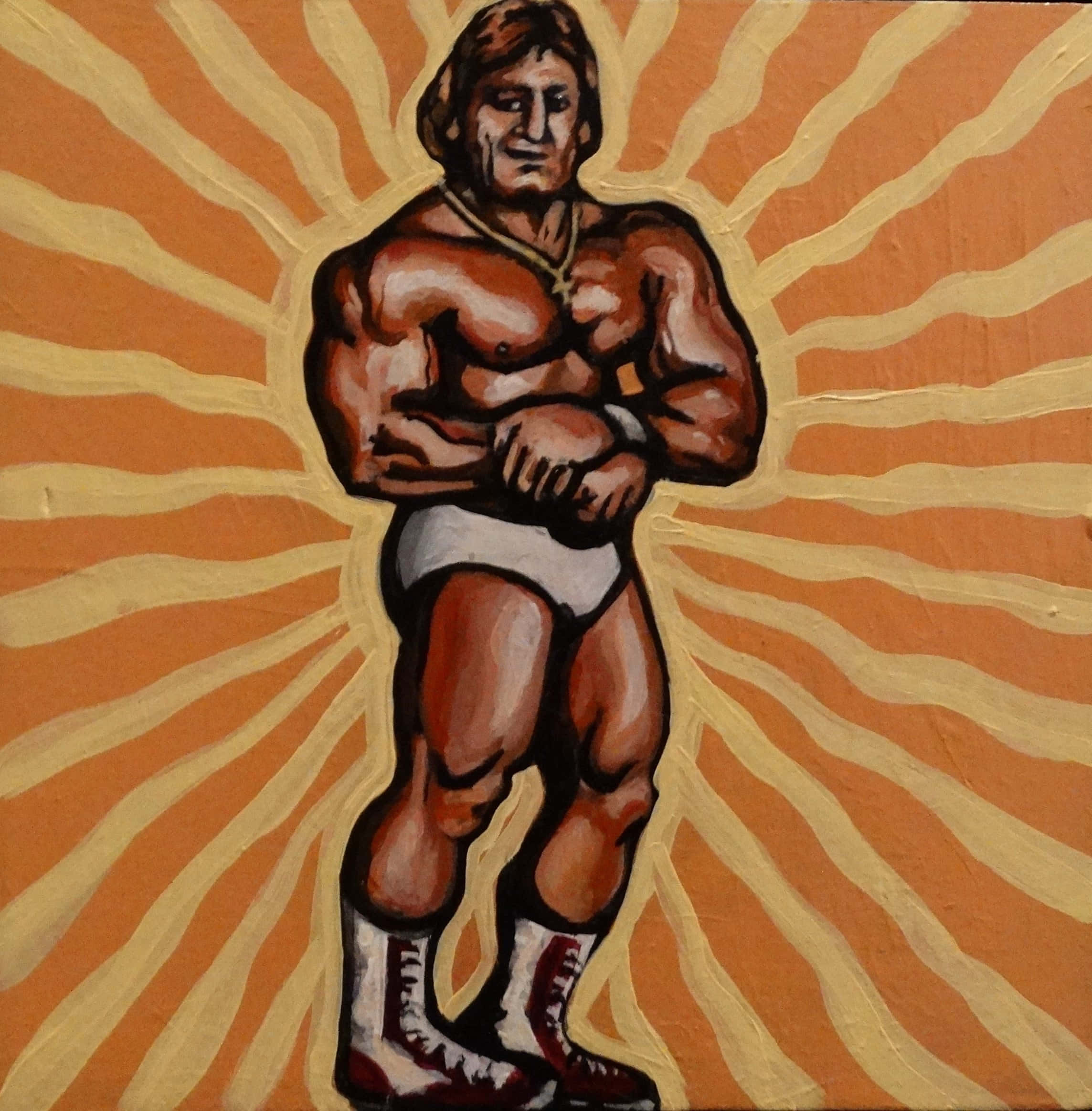 Painting 桌布 壁紙 — 一位肌肉發達的摔角手穿著白色短褲和靴子，自信地站在耀眼的橙色和黃色條紋背景前。