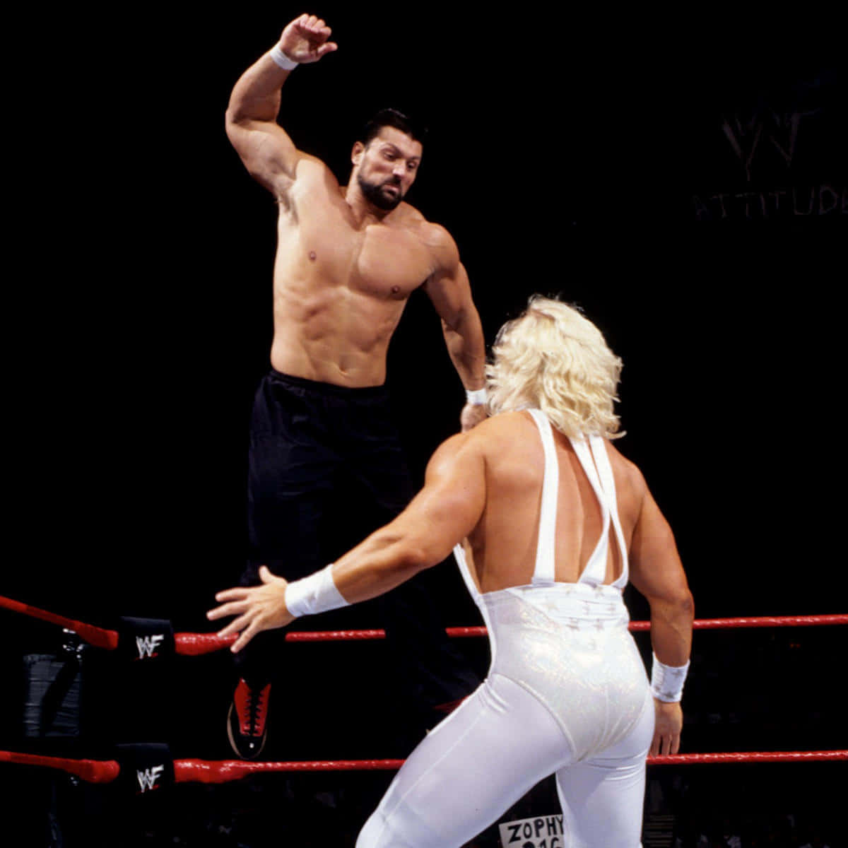 WWE 桌布 壁紙 — 一位肌肉發達的摔角手穿著白色緊身衣，在明亮的場館燈光下，於WWE比賽中從擂台繩索跳向對手。