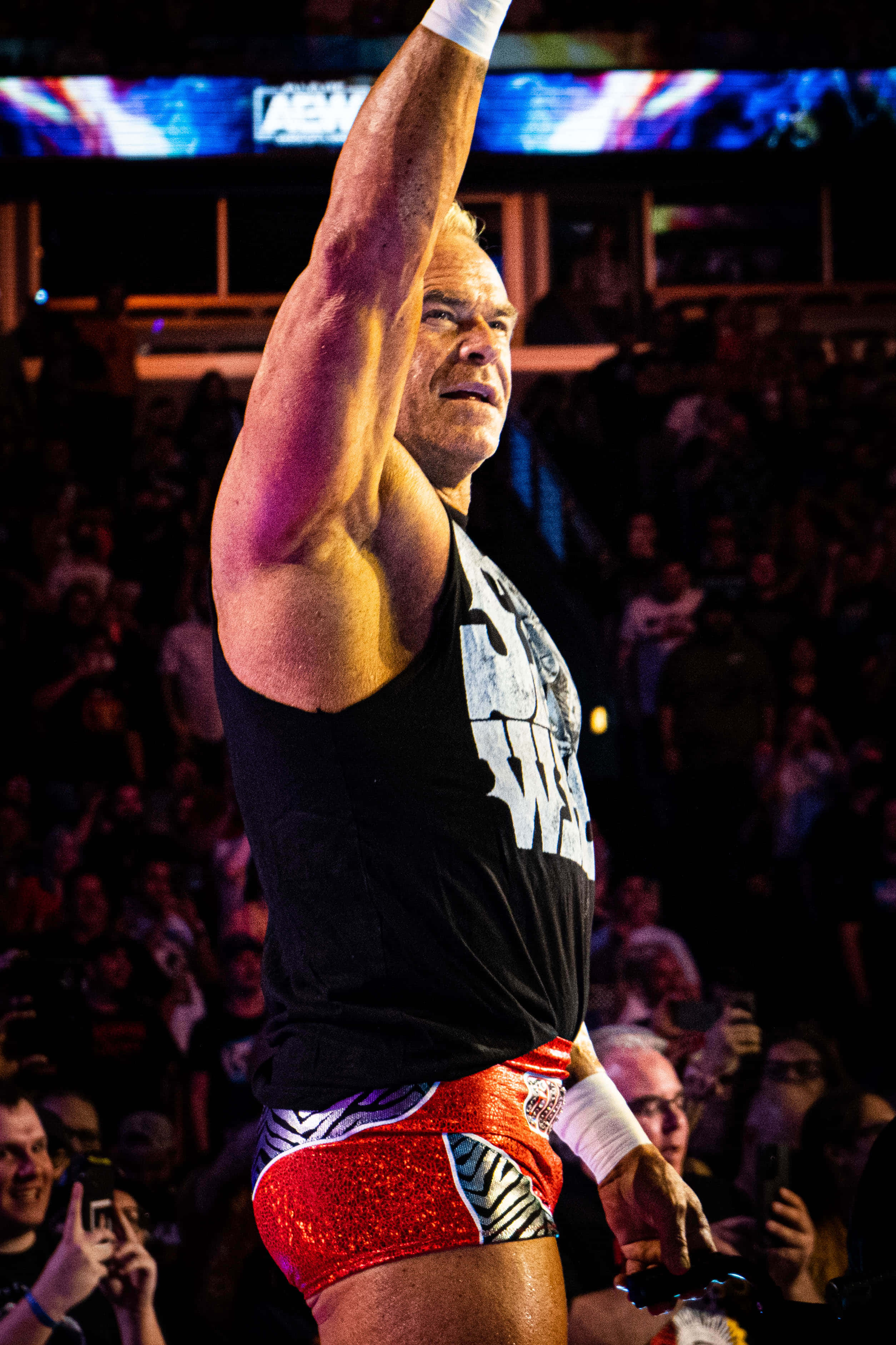 WWE 桌布 壁紙 — 一位肌肉發達的摔角手穿著紅色閃亮短褲，在競技場燈光下高舉手臂，身後是歡呼的人群。
