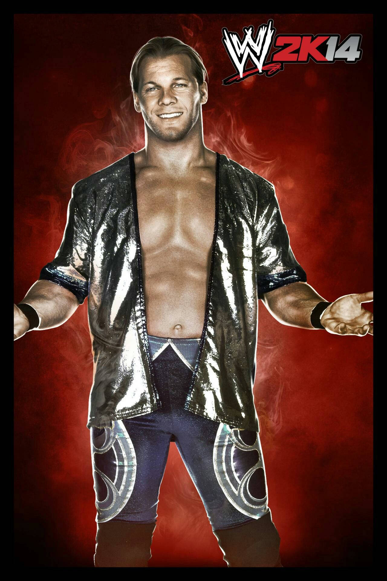 WWE 桌布 壁紙 — 一位肌肉發達的摔角手穿著閃亮的銀色夾克和藍色短褲，在帶有WWE 2K14標誌的煙霧紅色背景前自信地擺姿勢。