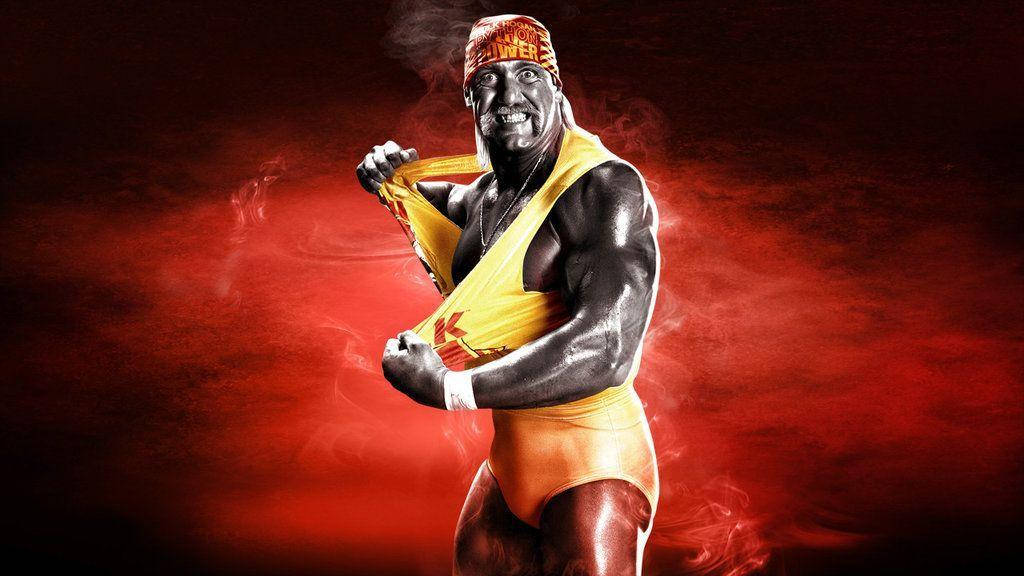 Hulk Hogan 桌布 壁紙 — 一位肌肉發達的摔角手穿著黃色緊身衣和紅色頭帶，在煙霧瀰漫的紅色背景前擺出挑釁姿勢。