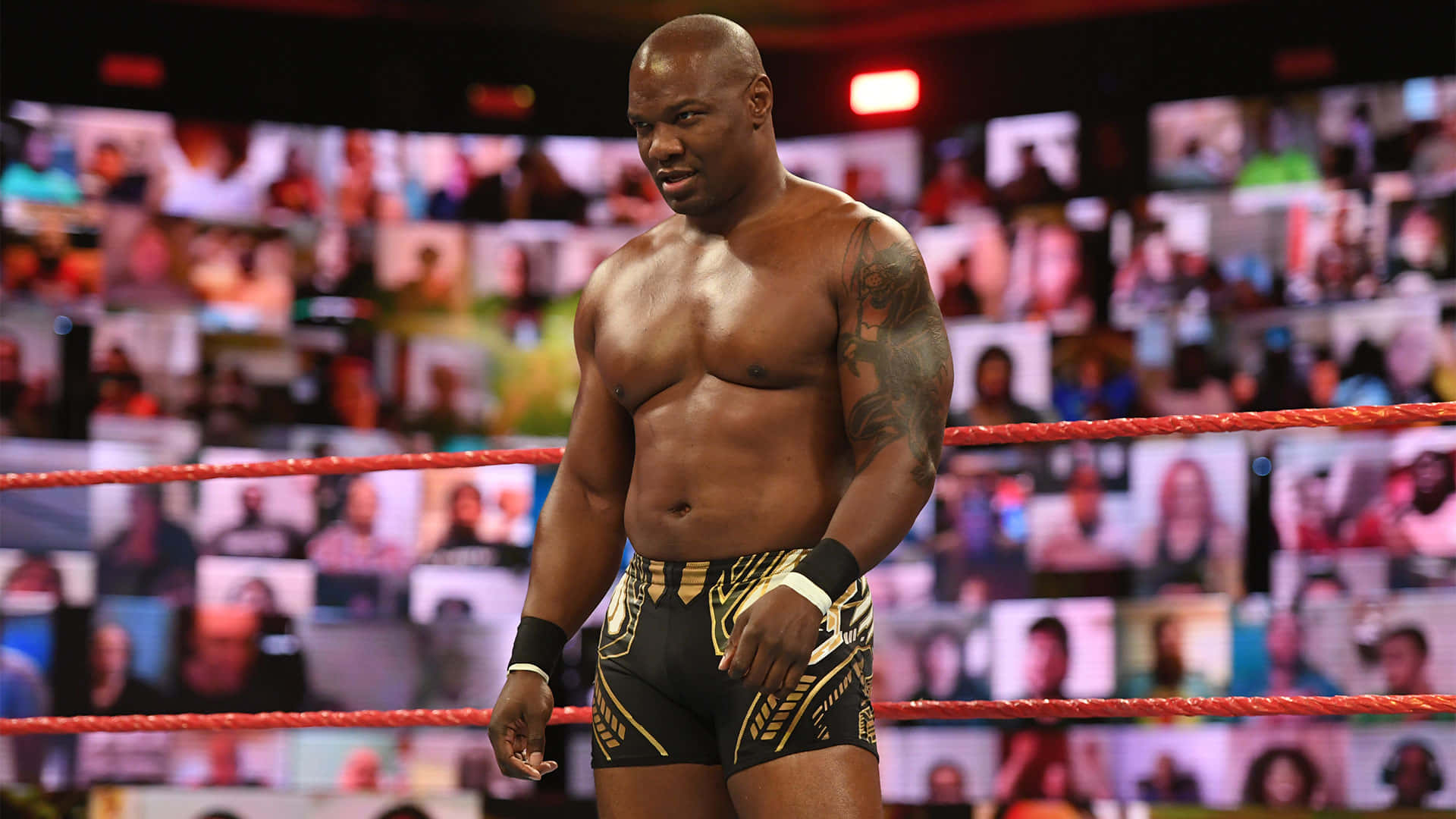 WWE 桌布 壁紙 — 一位肌肉發達的摔角手站在擂台上，神情專注，背後是一道模糊的觀眾面孔牆。