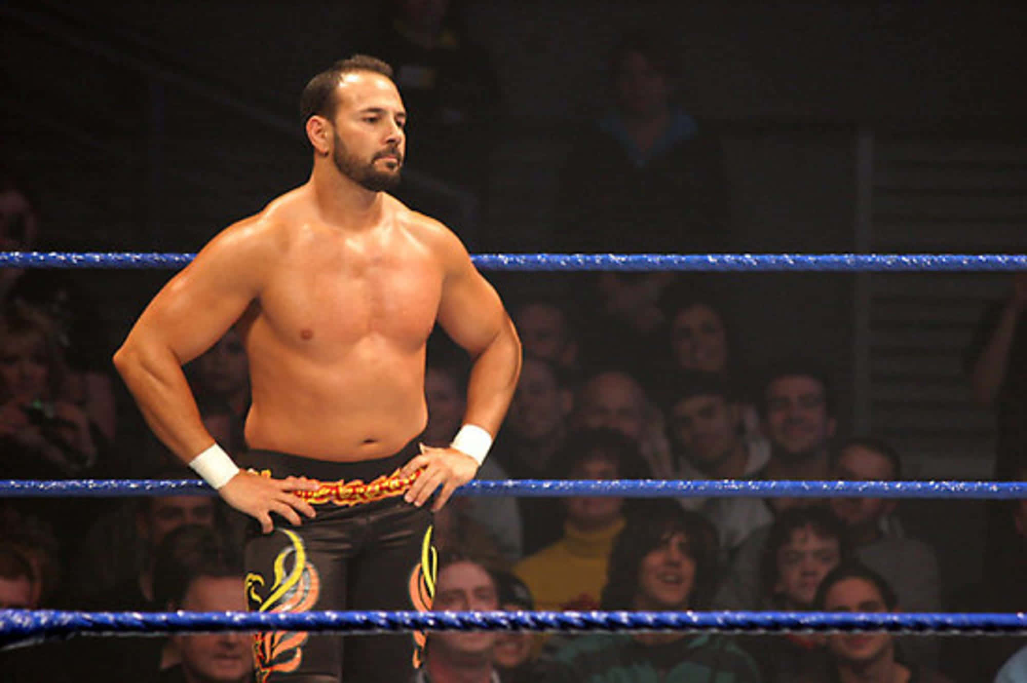 WWE 桌布 壁紙 — 一位肌肉發達的摔角手自信地站在藍色繩索的擂台上，身後有一群觀眾專注地觀看。