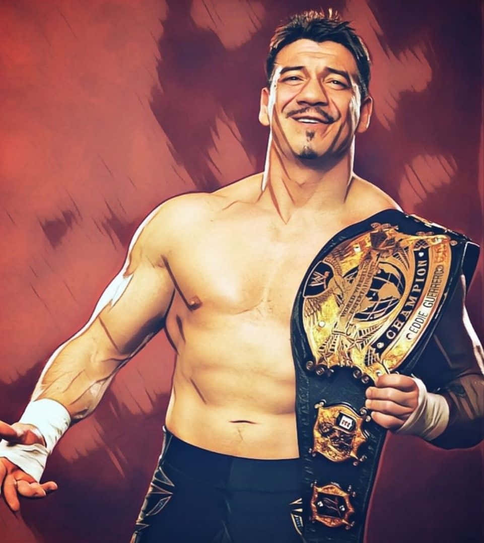 Wrestling 桌布 壁紙 — 一位肌肉發達的摔角手自豪地微笑，手持閃閃發光的冠軍腰帶，背景是火紅的紋理。
