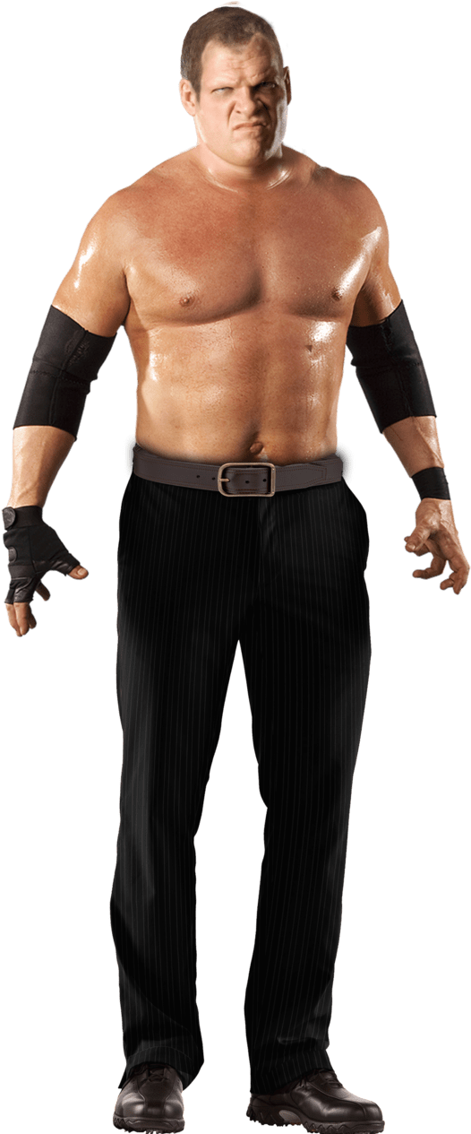 WWE 桌布 壁紙 — 一位肌肉發達的摔角手赤裸上身，表情兇猛，穿著黑色細條紋褲子和臂套，背景為黑色。