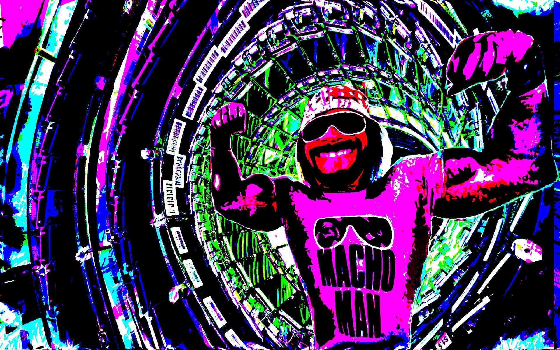 WWE 桌布 壁紙 — 一位肌肉發達的摔角手身穿粉紅色「Macho Man」T恤，在充滿霓虹燈光和條碼襯裡的隧道中勝利地展示肌肉。