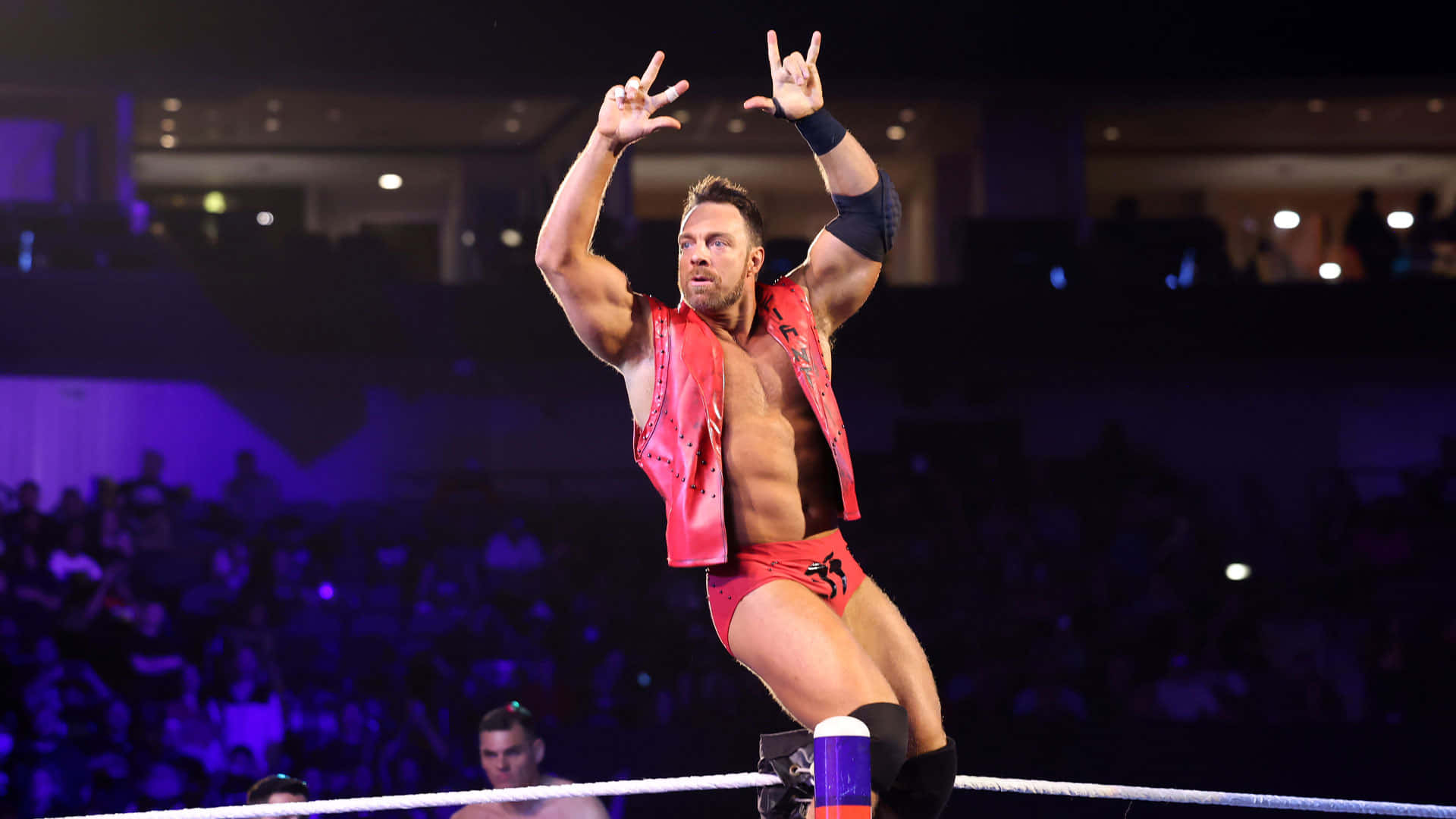WWE 桌布 壁紙 — 一位肌肉發達的摔角手身穿紅色裝備，在明亮的場館燈光下，雙臂高舉做出搖滾手勢，勝利地站在擂台角柱上。