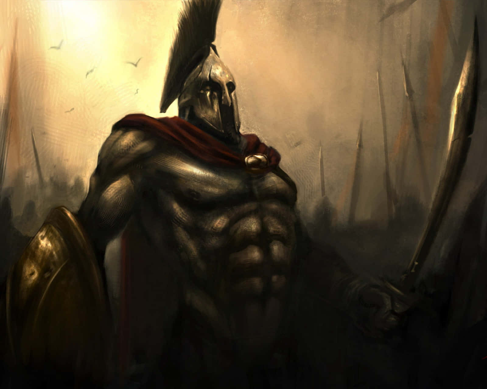 Armored Titan 桌布 壁紙 — 一位肌肉發達的斯巴達戰士身穿青銅盔甲和紅色披風，手持劍和盾牌，在朦朧的戰場背景下挑釁地站立。