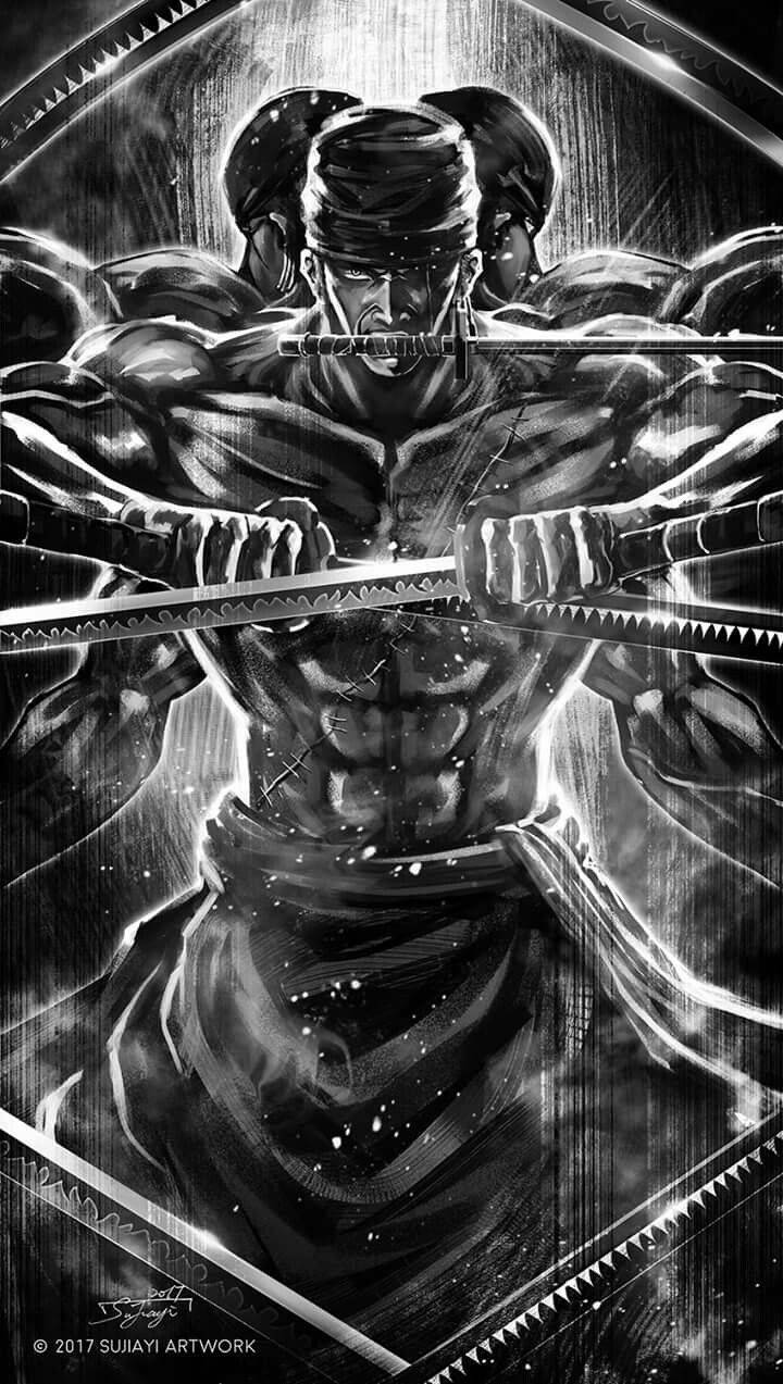 索隆 桌布 壁紙 — 一位肌肉發達的武士戰士在動態黑白插圖中握著兩把劍，具有戲劇性的燈光和銳利的線條。