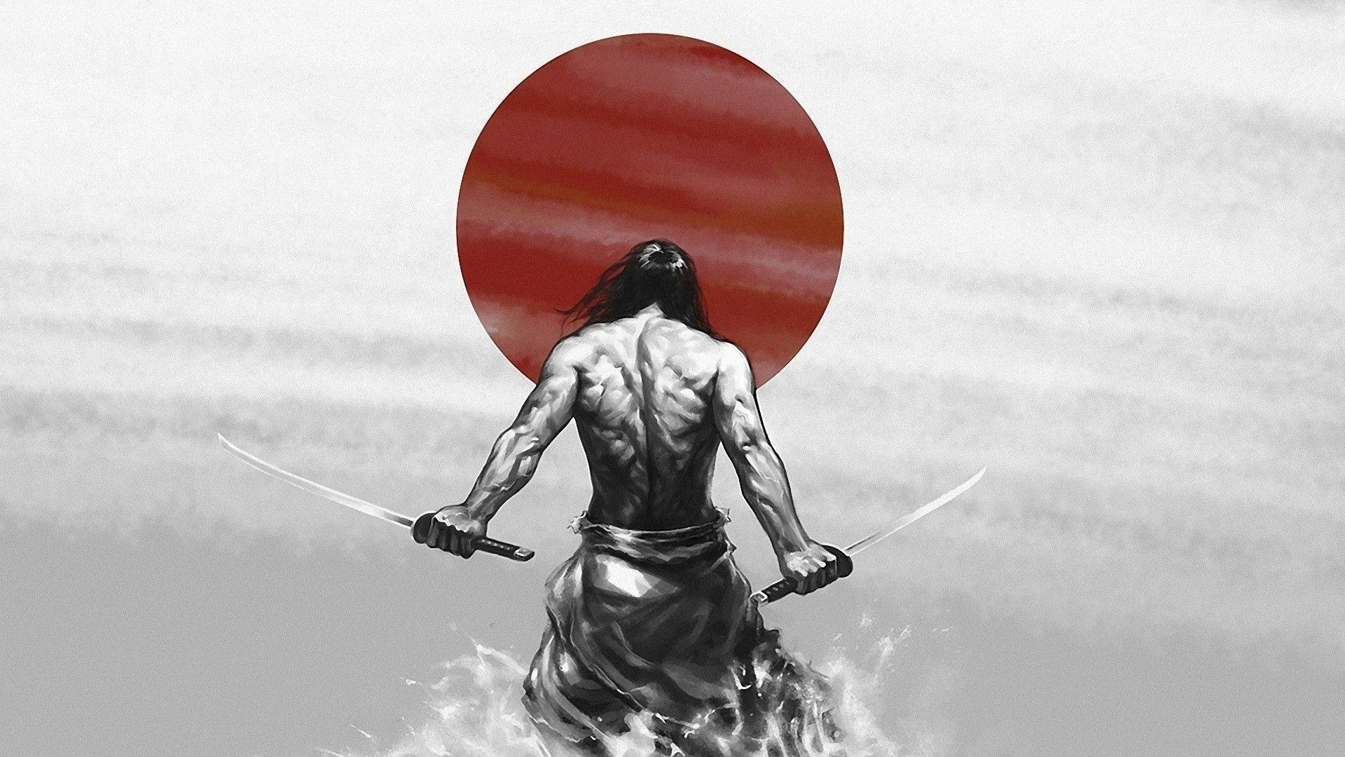 Samurai Art 桌布 壁紙 — 一位肌肉發達的武士戰士背光站在一輪大膽的紅日下，手持兩把劍，置身於旋轉的迷霧中。
