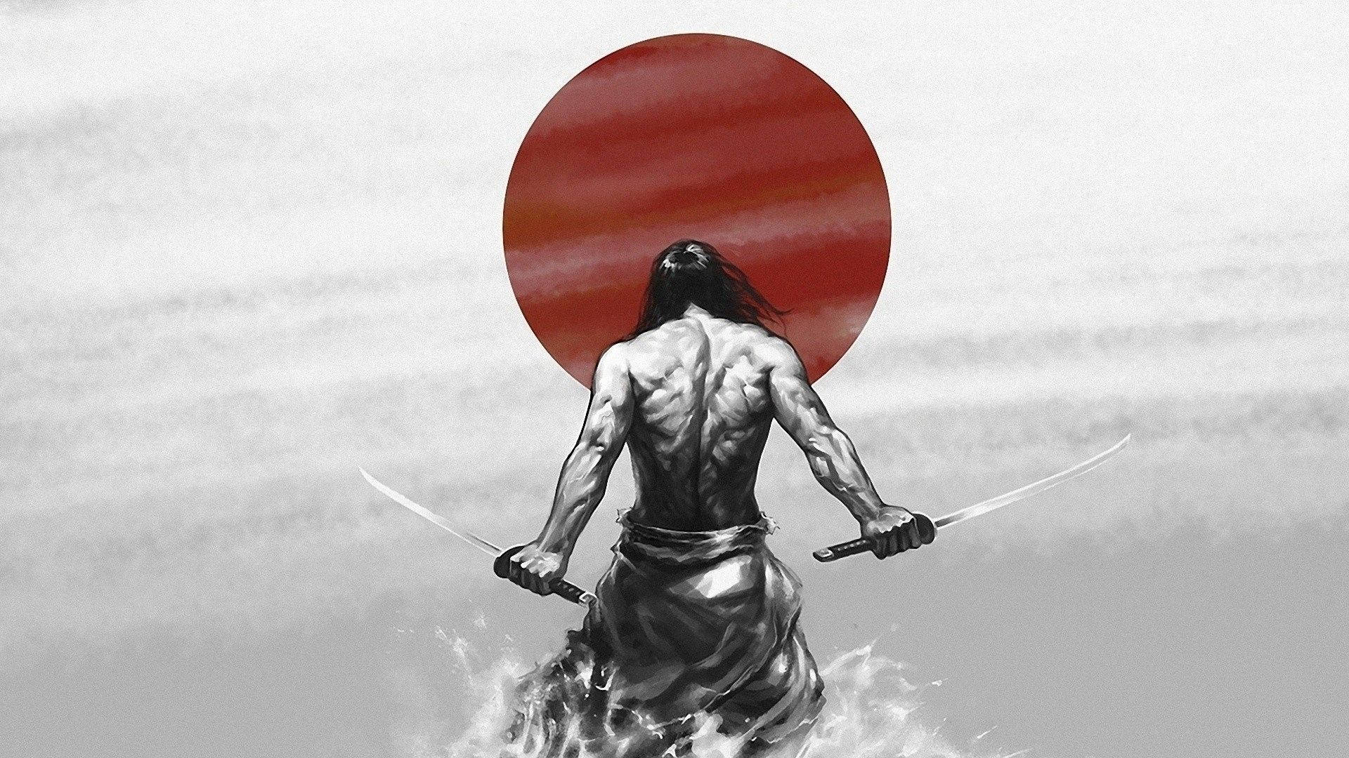肌肉發達的武士戰士手持兩把劍，背景為紅太陽。 — 日本國旗 壁紙