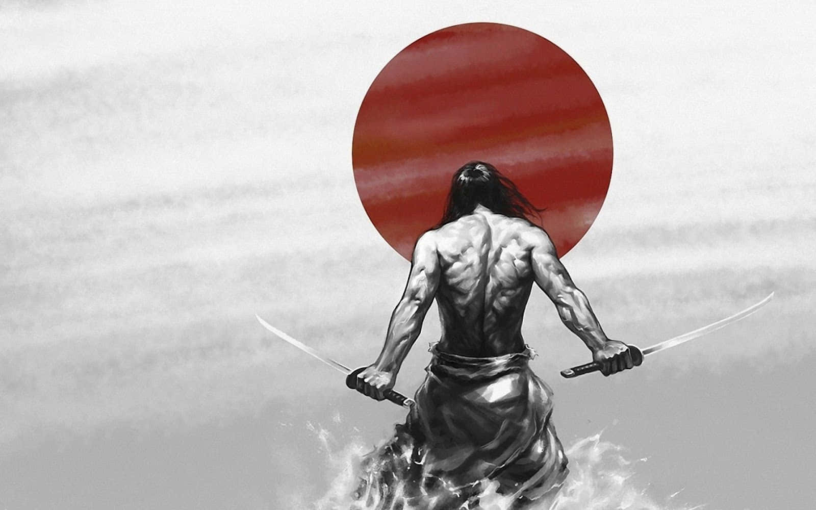 Ronin 桌布 壁紙 — 一位肌肉發達的武士戰士背對著巨大的紅日，手持兩把劍，水花在他腳邊飛濺。
