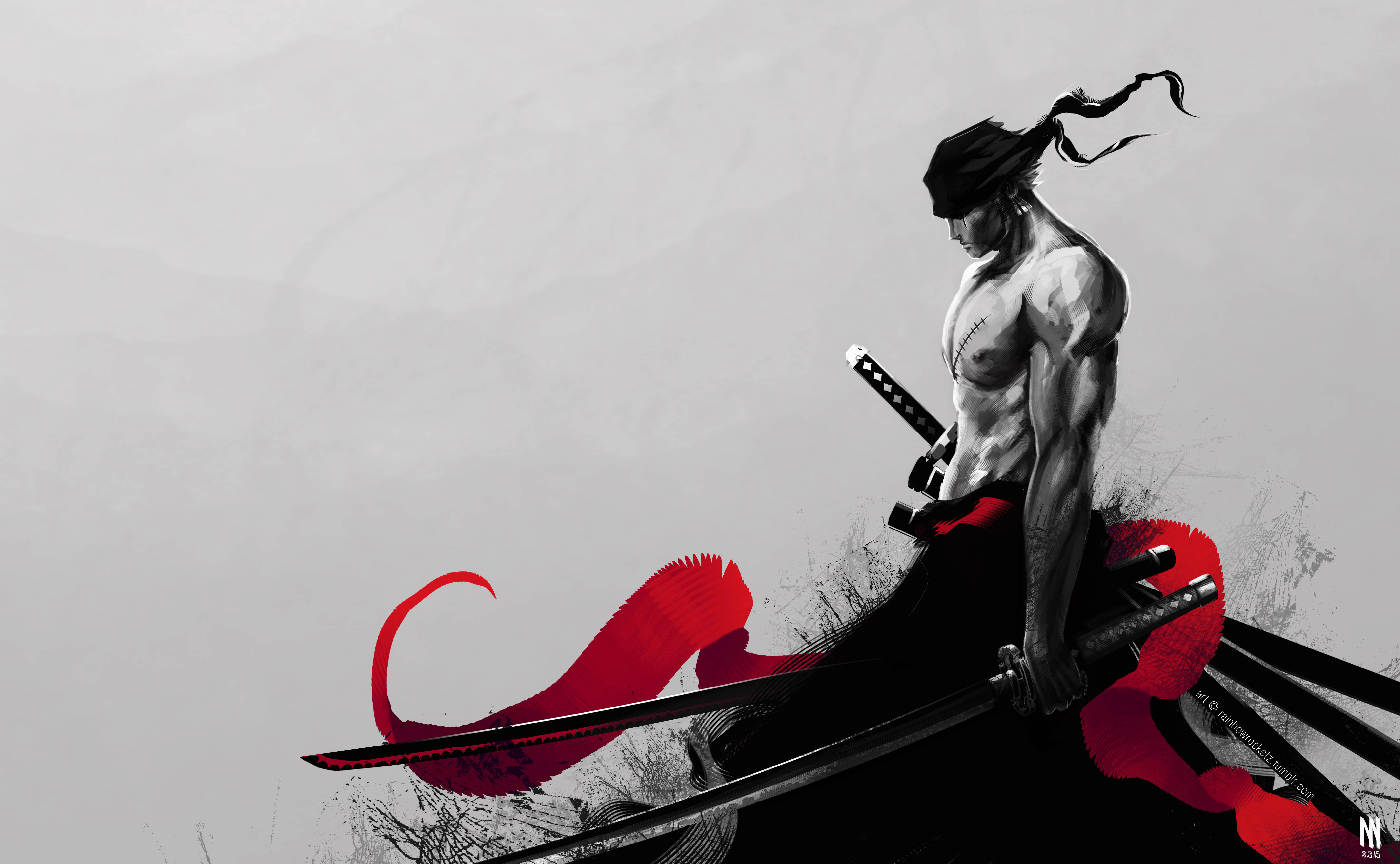 Roronoa 桌布 壁紙 — 一位肌肉發達的武士身穿黑色盔甲和紅色腰帶，手持兩把刀，站在簡約的灰色背景前。