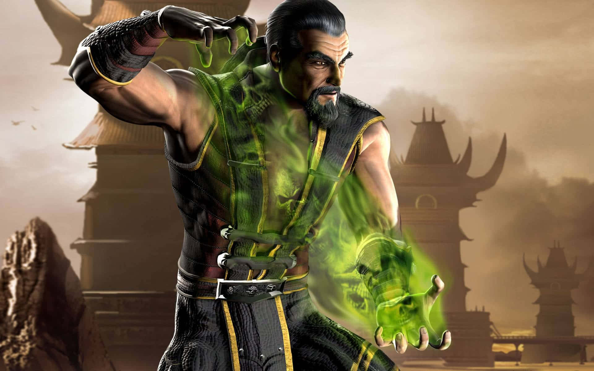 Mortal Kombat Characters 桌布 壁紙 — 一位肌肉發達的武術家在擁有古老建築的沙漠寺廟中引導發光的綠色能量。