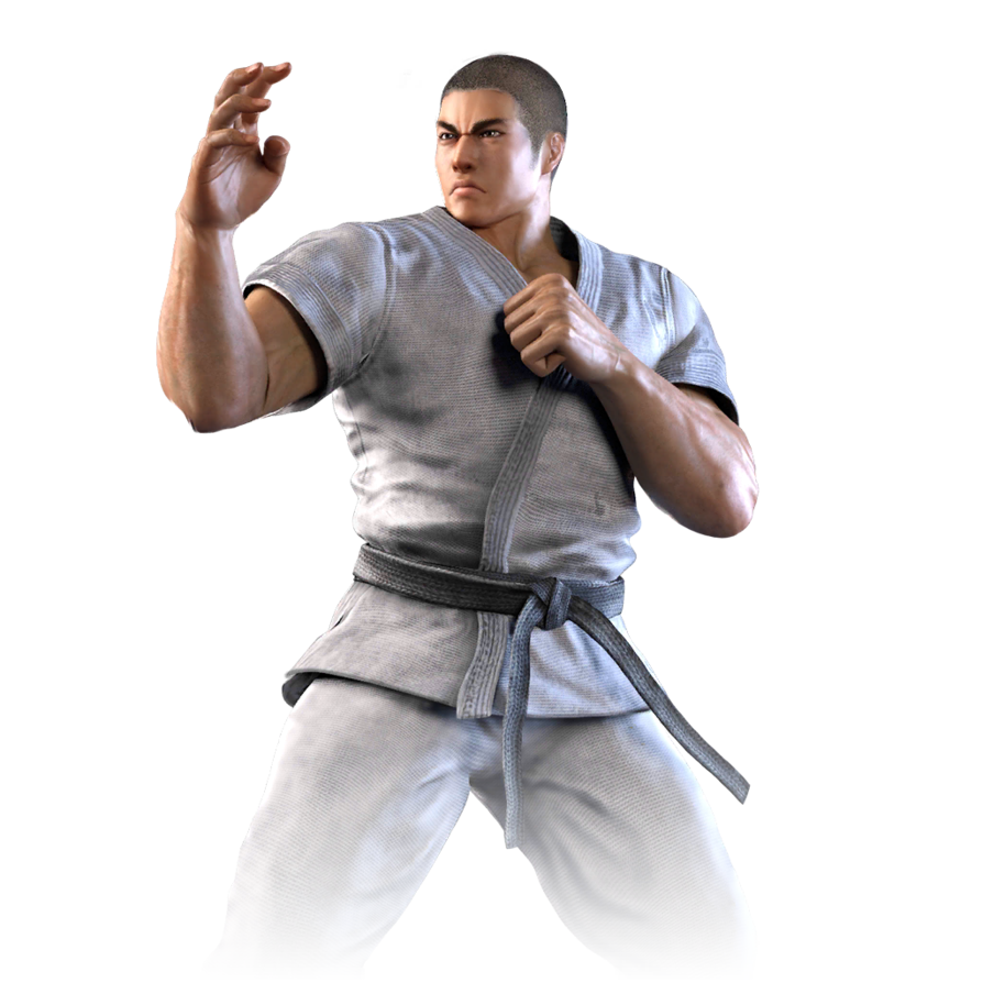 martial arts 桌布 壁紙 — 一位肌肉發達的武術家穿著灰色道服和黑帶，在黑色背景下擺出強有力的戰鬥姿勢。