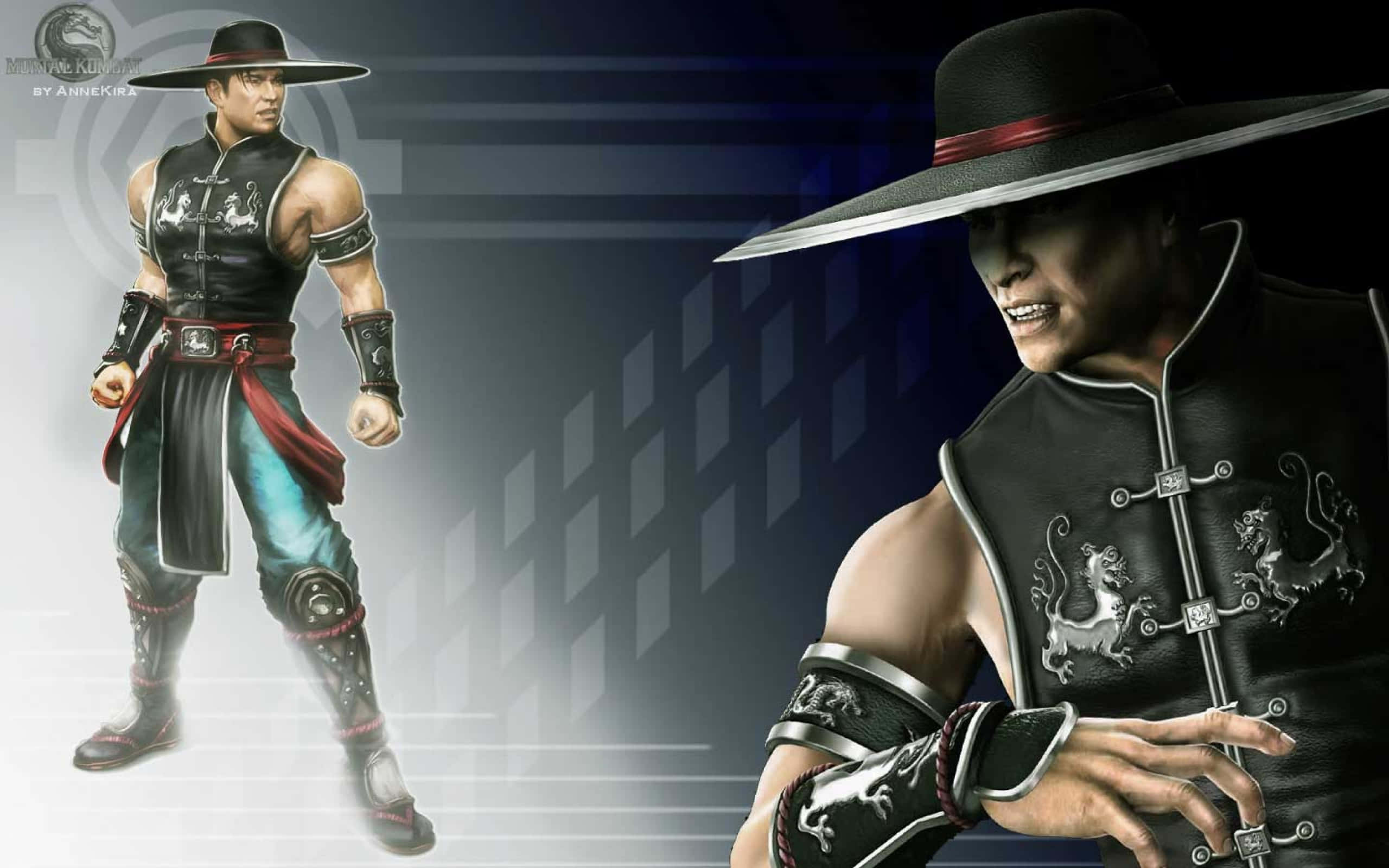 Mortal Kombat Kung Lao 桌布 壁紙 — 一位肌肉發達的武術家身穿黑色和紅色服裝，戴著寬邊帽，在深色幾何背景前擺出戰鬥姿勢。