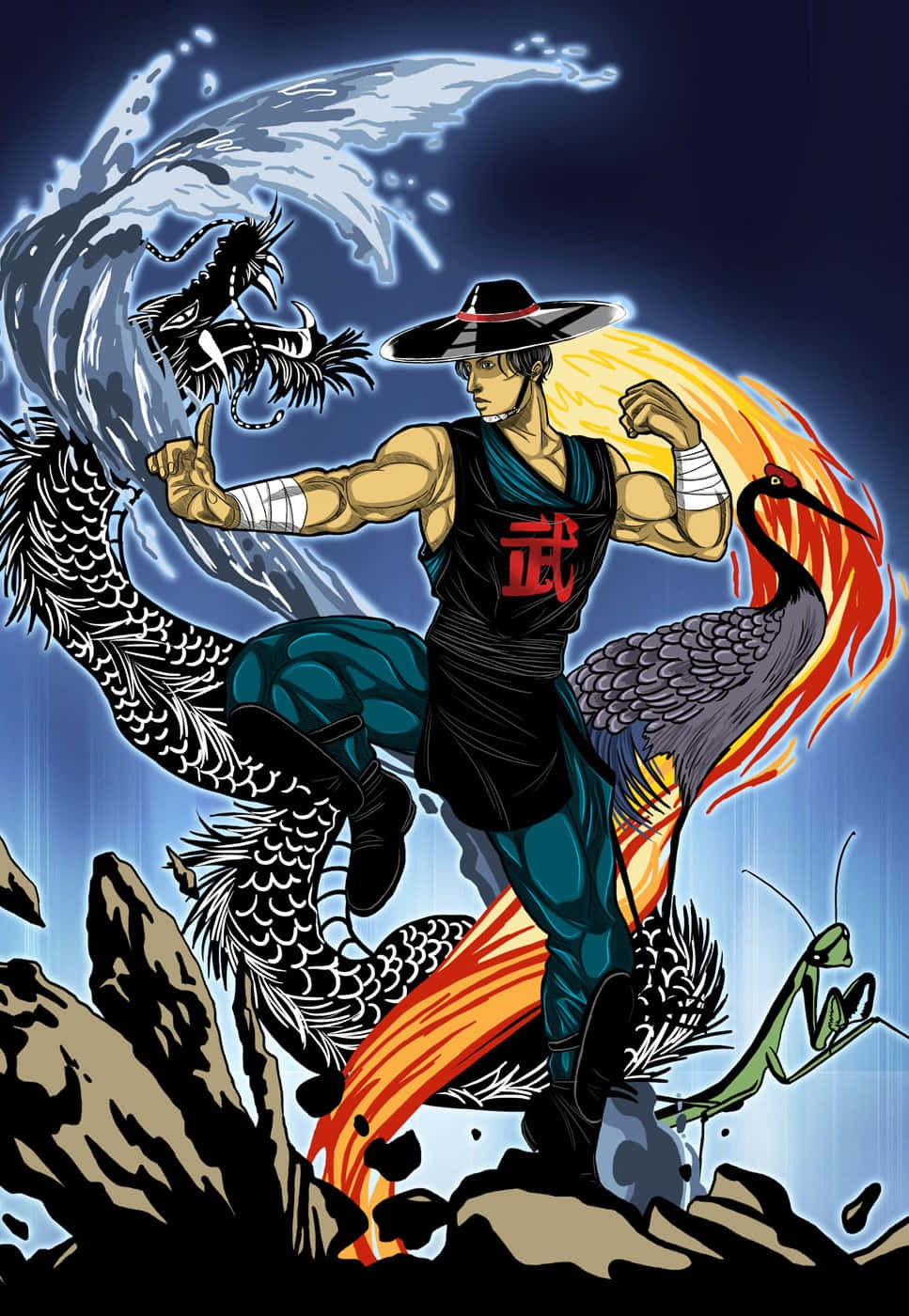 Mortal Kombat Kung Lao 桌布 壁紙 — 一位肌肉發達的武術家身穿黑色道服，上有紅色漢字，在黑暗的天空下，蓄勢待發地站在水龍與火鶴之間。
