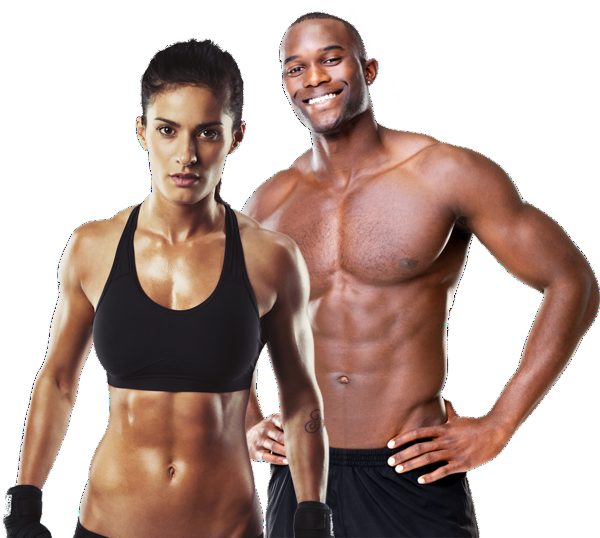 Fitness 桌布 壁紙 — 一位肌肉發達的男士和女士穿著運動服裝，在黑色背景前自信地擺姿勢，展示出清晰的腹肌和結實的身材。