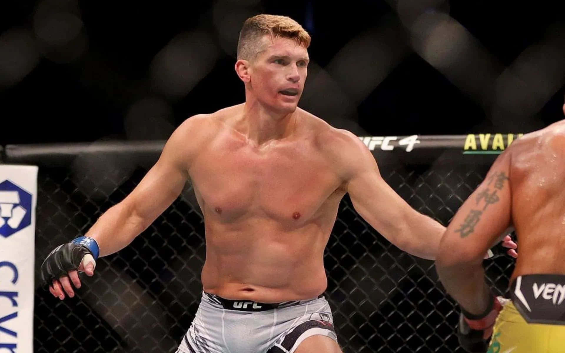 UFC 桌布 壁紙 — 一位肌肉發達的男性拳手在UFC八角籠中，於綜合格鬥比賽期間緊張地伸展雙臂站立。