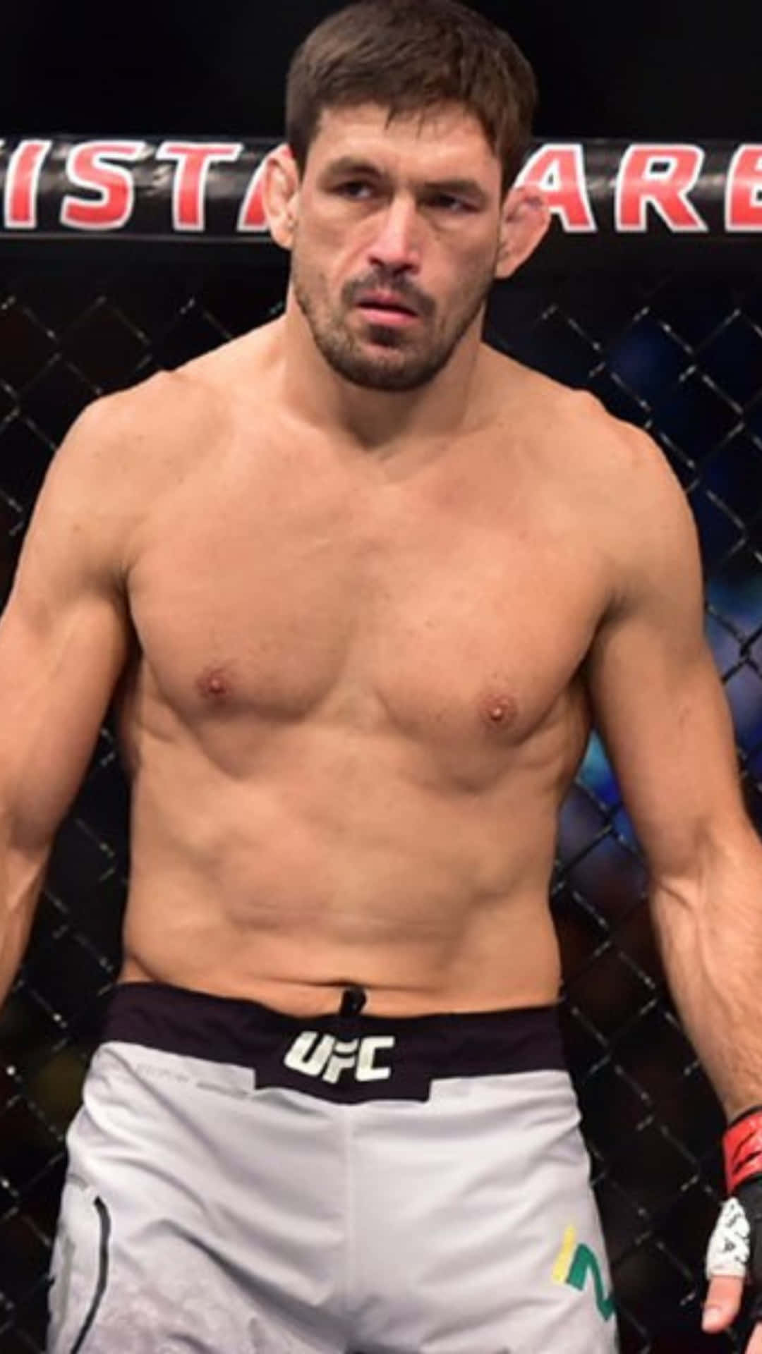 Champion 桌布 壁紙 — 一位肌肉發達的男性拳手穿著白色UFC短褲，站在八角籠內，表情專注而強烈。