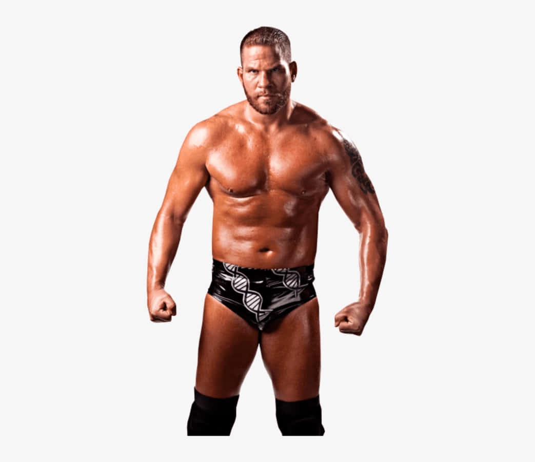 WWE 桌布 壁紙 — 一位肌肉發達的男性摔角手自信地站立，穿著帶有白色DNA圖案的黑色三角褲和黑色護膝，背景為純白色。