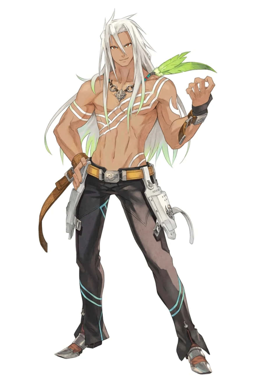 Kingdom Hearts Xemnas 桌布 壁紙 — 一位肌肉發達的白髮綠羽動漫戰士，自信地穿著精細的部落盔甲。